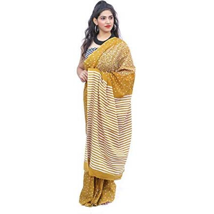 Kiaaron Womens Hand Block Kalamkari Batik Bagru Jaipuri Ikat Printed Handloom Pure Cotton Mulmul Traditional Ethnic Cotton Sarees With Printed Blouse Piece - Yellow