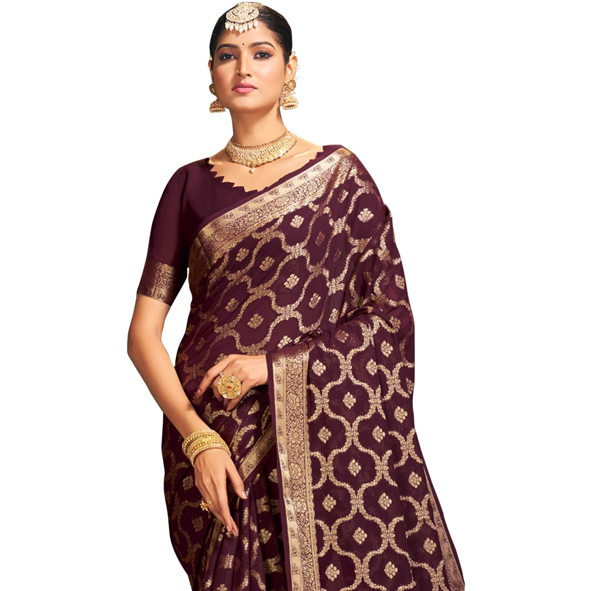 AKHILAM Womens Georgette Ethnic Motif Printed Saree With Unstitched Blouse Piece(Purple_ARYA2301_FL)