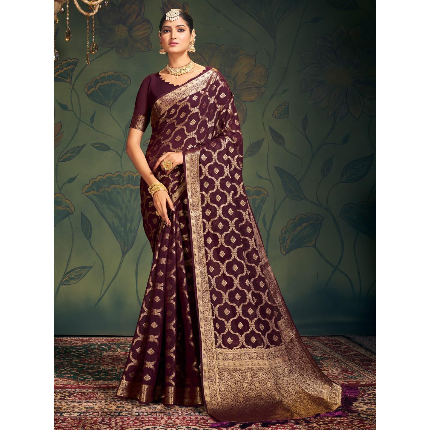 AKHILAM Womens Georgette Ethnic Motif Printed Saree With Unstitched Blouse Piece(Purple_ARYA2301_FL)