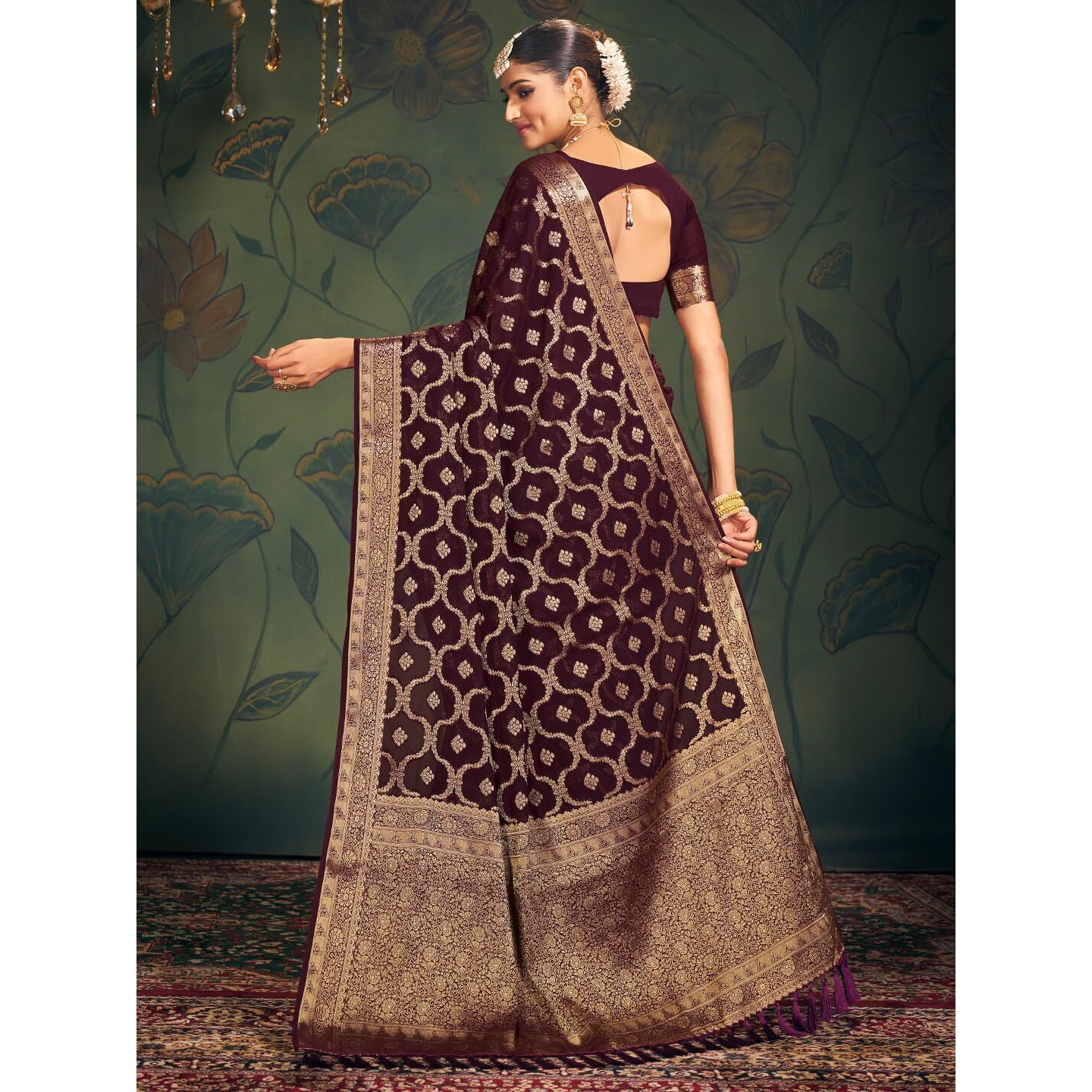AKHILAM Womens Georgette Ethnic Motif Printed Saree With Unstitched Blouse Piece(Purple_ARYA2301_FL)
