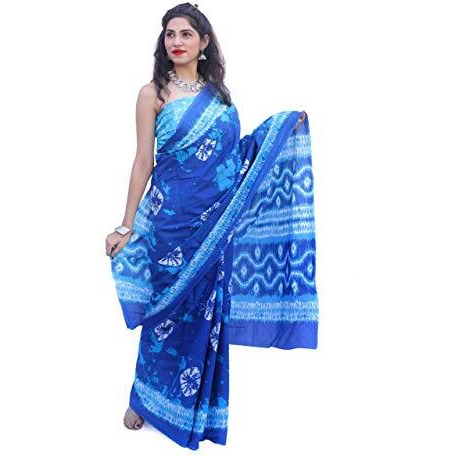 Kiaaron Womens Hand Block Kalamkari Batik Bagru Jaipuri Ikat Printed Handloom Pure Cotton Mulmul Traditional Ethnic Cotton Sarees With Printed Blouse Piece - Blue
