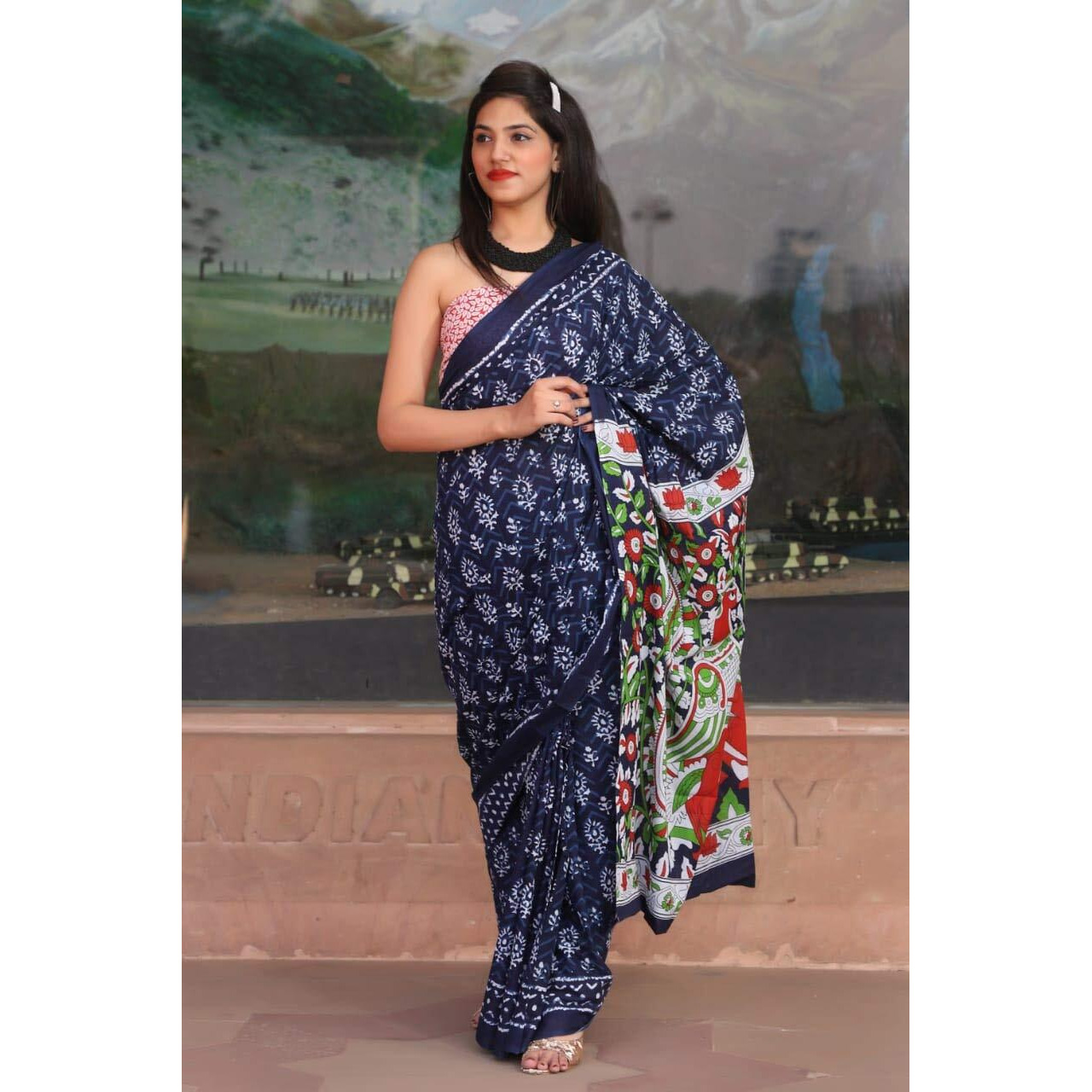 Kiaaron Womens Hand Block Kalamkari Batik Bagru Jaipuri Ikat Printed Handloom Pure Cotton Mulmul Traditional Ethnic Cotton Sarees With Printed Blouse Piece - Blue