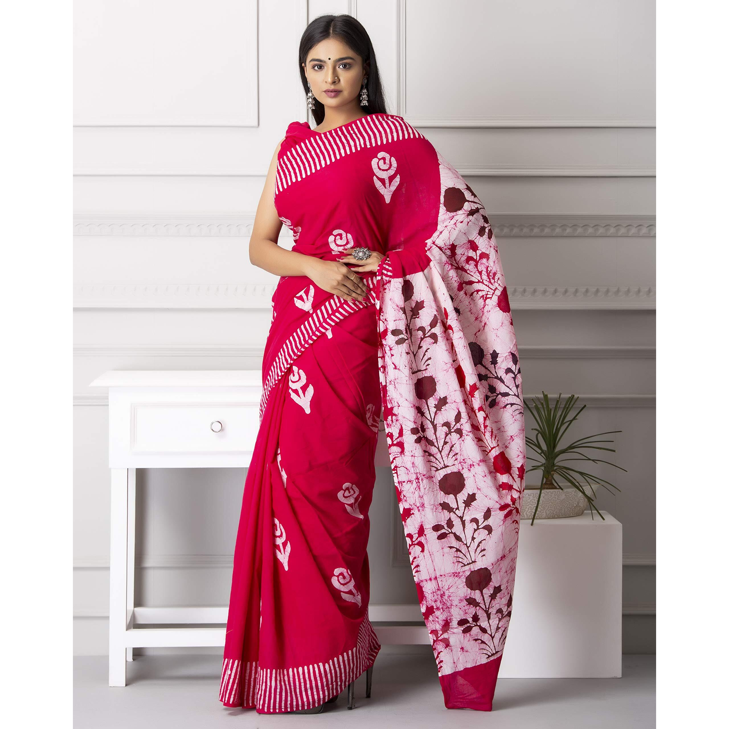 Kiaaron Handicrafts Womens Ikat Hand Block Print Jaipuri Cotton Mulmul Saree with Blouse Piece - _SH_43