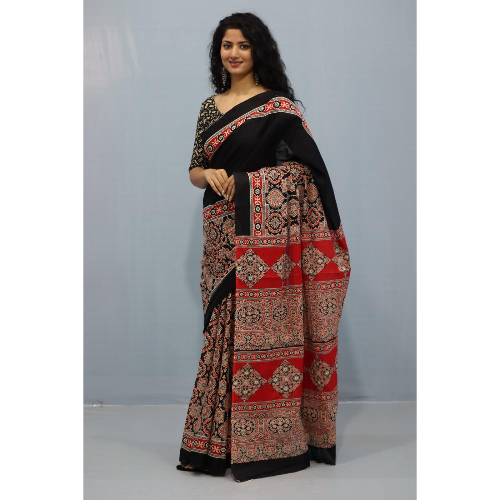 Kiaaron Handicrafts Womens Ikat Hand Block Print Jaipuri Cotton Mulmul Saree with Blouse Piece - _5