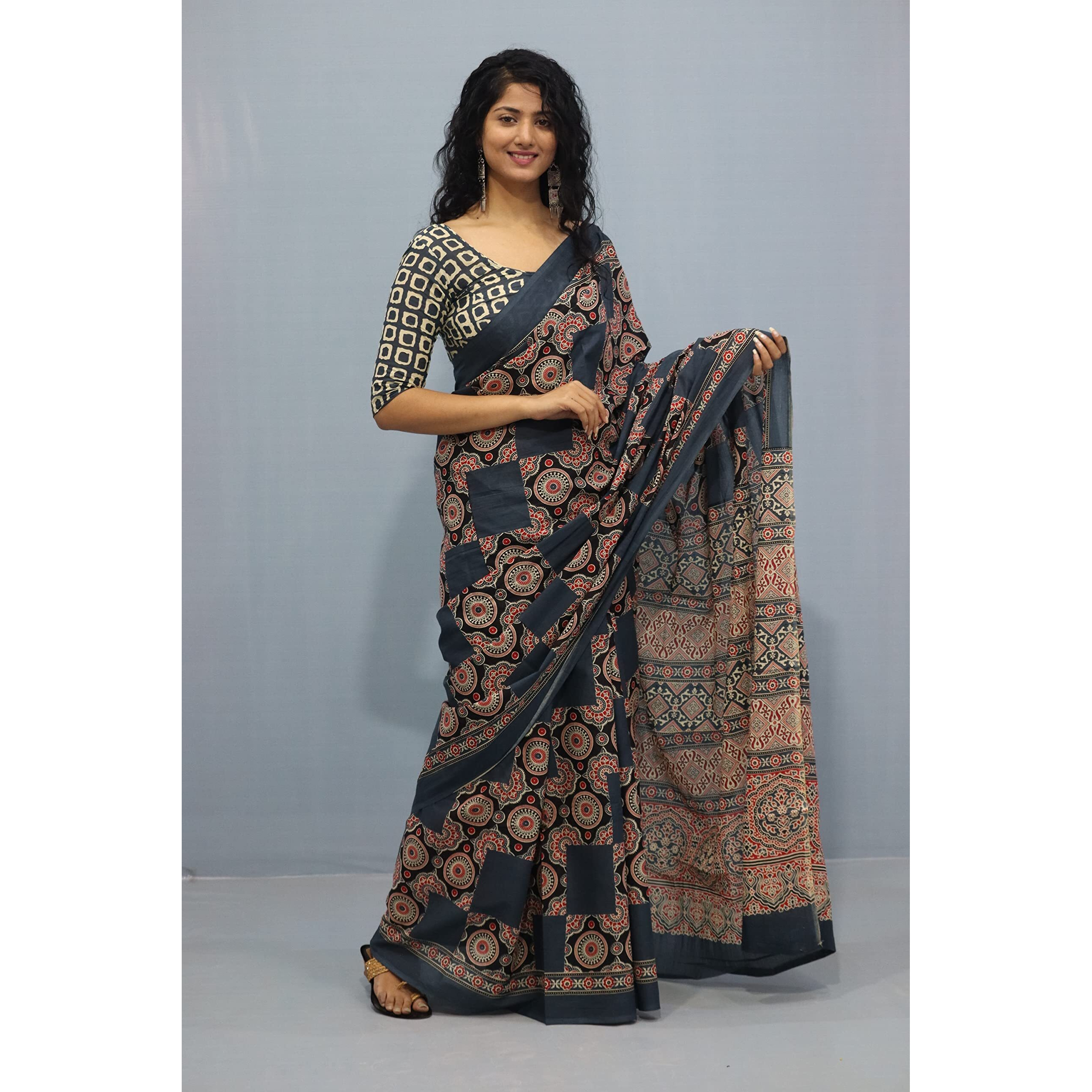 Kiaaron Handicrafts Womens Ikat Hand Block Print Jaipuri Cotton Mulmul Saree with Blouse Piece - Sup_Grey_6