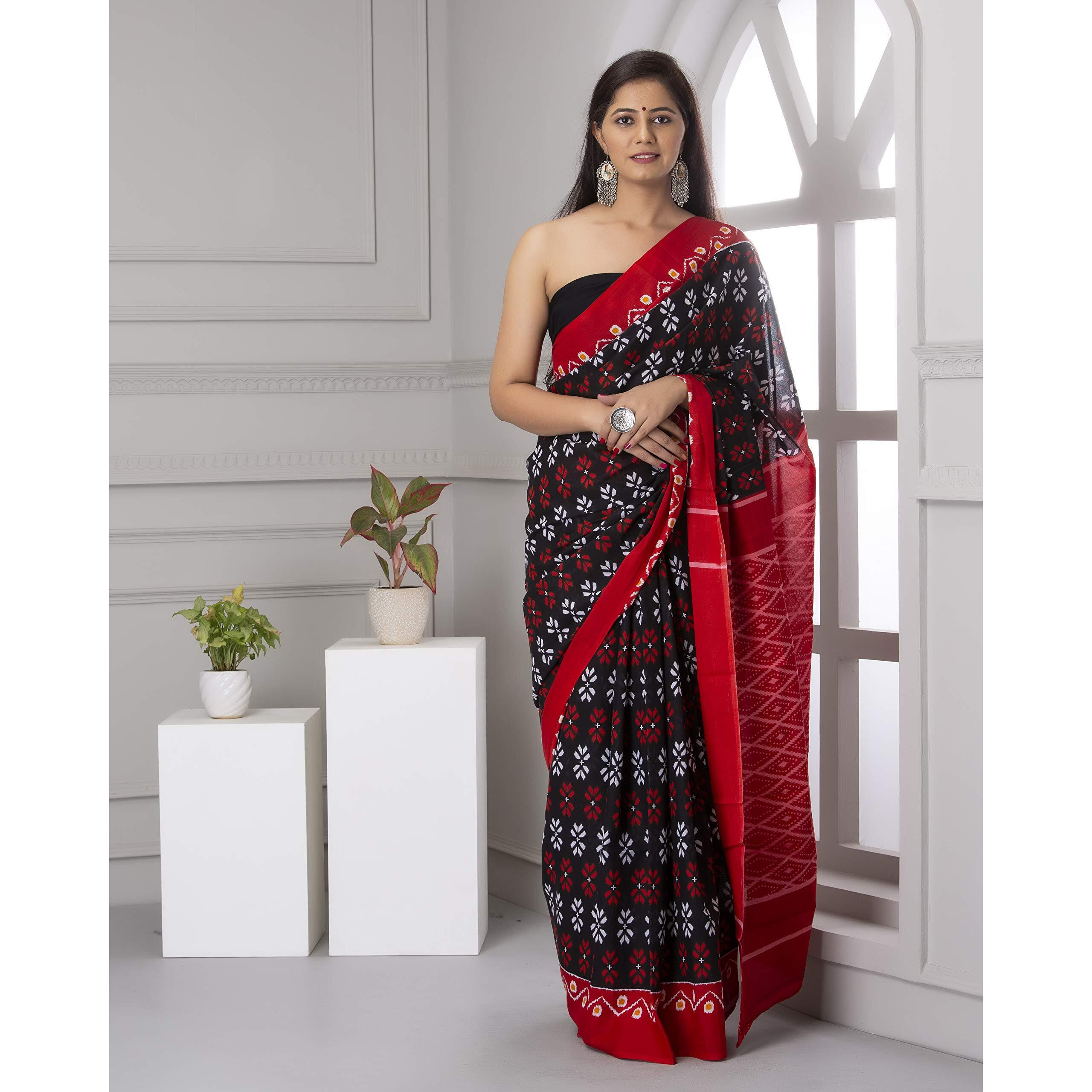 Kiaaron Handicrafts Womens Ikat Hand Block Print Jaipuri Cotton Mulmul Saree with Blouse Piece - _SH_42