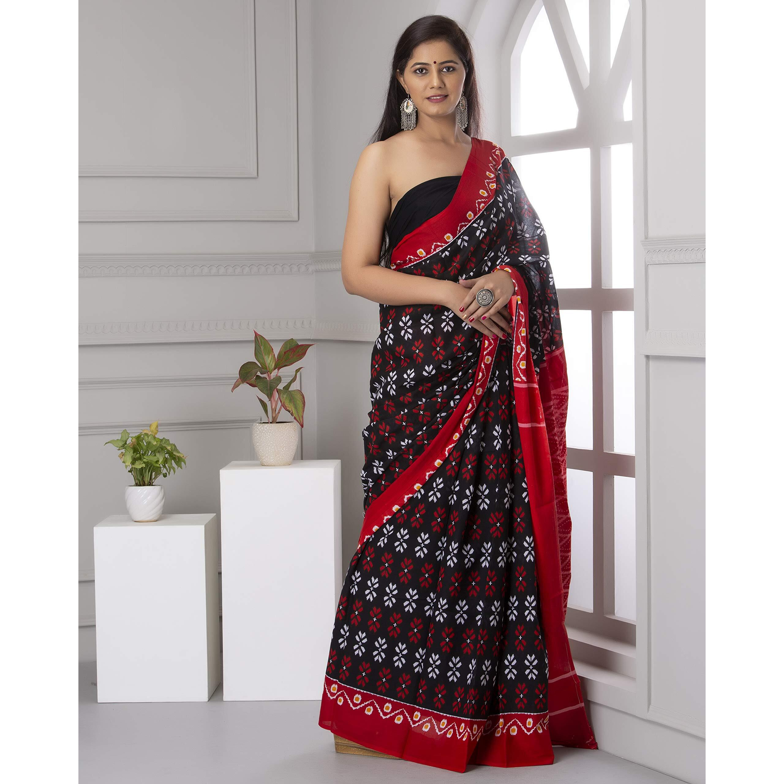 Kiaaron Handicrafts Womens Ikat Hand Block Print Jaipuri Cotton Mulmul Saree with Blouse Piece - _SH_42