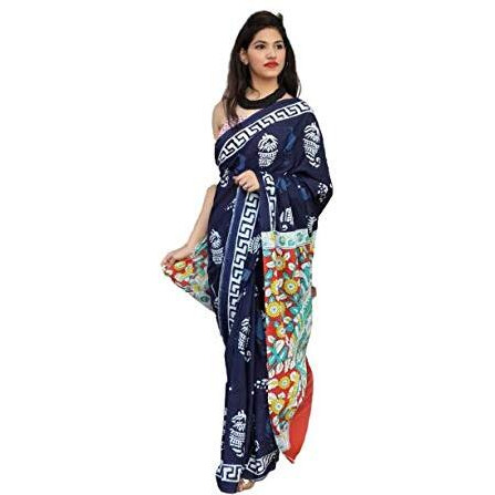 Kiaaron Womens Hand Block Kalamkari Batik Bagru Jaipuri Ikat Printed Handloom Pure Cotton Mulmul Traditional Ethnic Cotton Sarees With Printed Blouse Piece - Blue