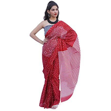 Kiaaron Womens Hand Block Kalamkari Batik Bagru Jaipuri Ikat Printed Handloom Pure Cotton Mulmul Traditional Ethnic Cotton Sarees With Printed Blouse Piece - Red