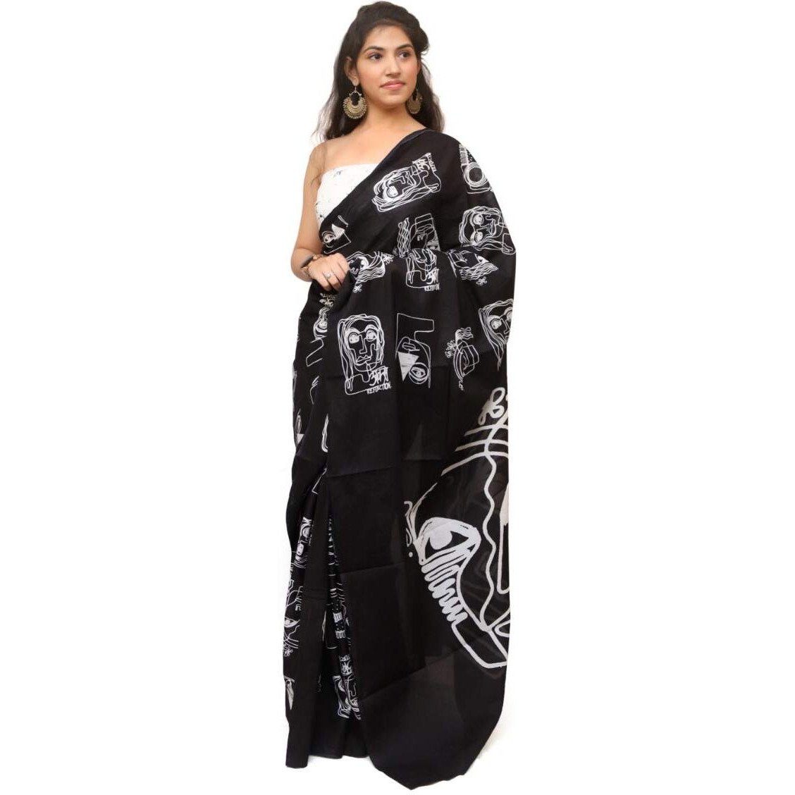 Kiaaron Womens Hand Block Kalamkari Batik Bagru Jaipuri Ikat Printed Handloom Pure Cotton Mulmul Traditional Ethnic Cotton Sarees With Printed Blouse Piece - Black
