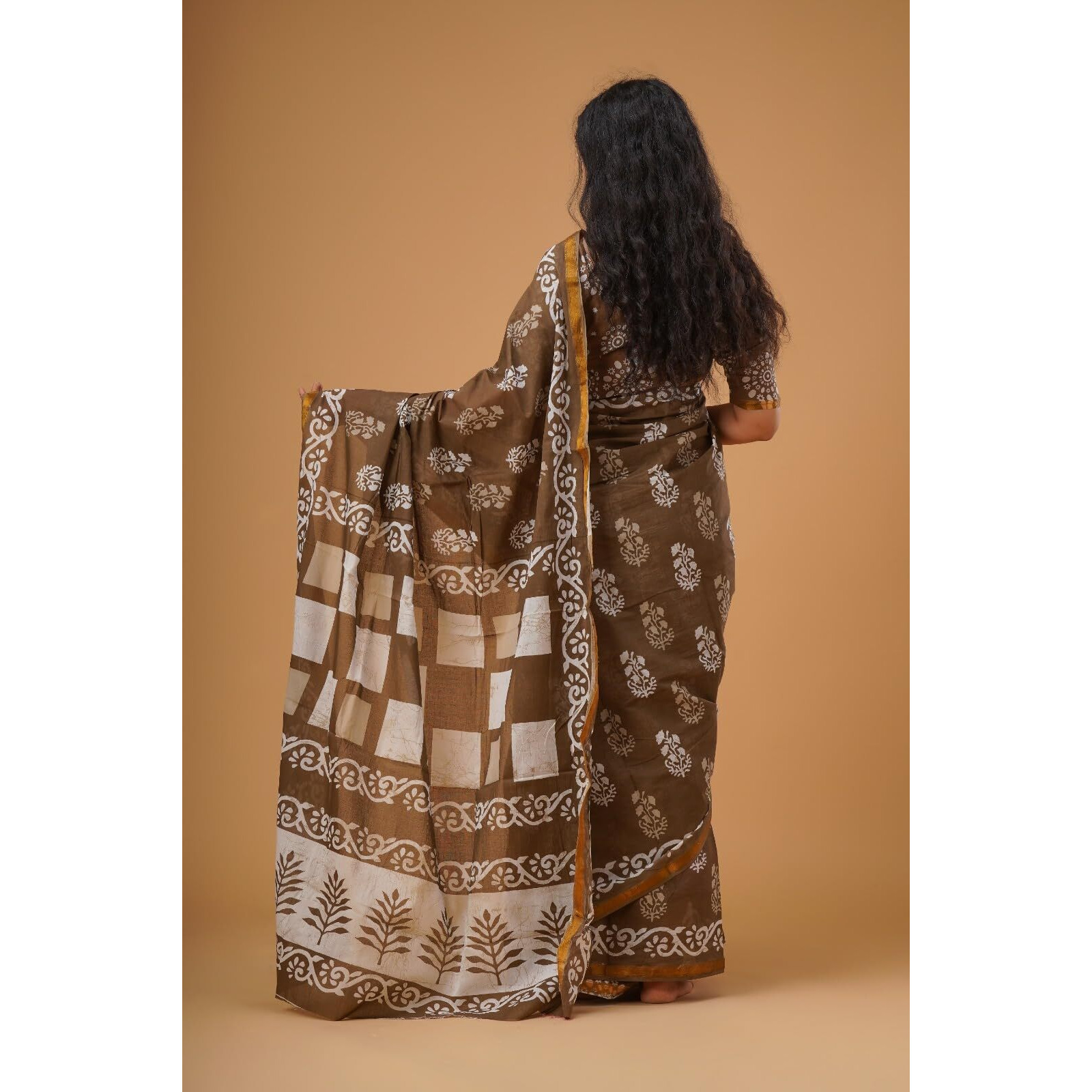 Kiaaron Handicrafts Womens Ikat Hand Block Print Jaipuri Cotton Mulmul Saree Zari Border with Blouse Piece_Mustard_1