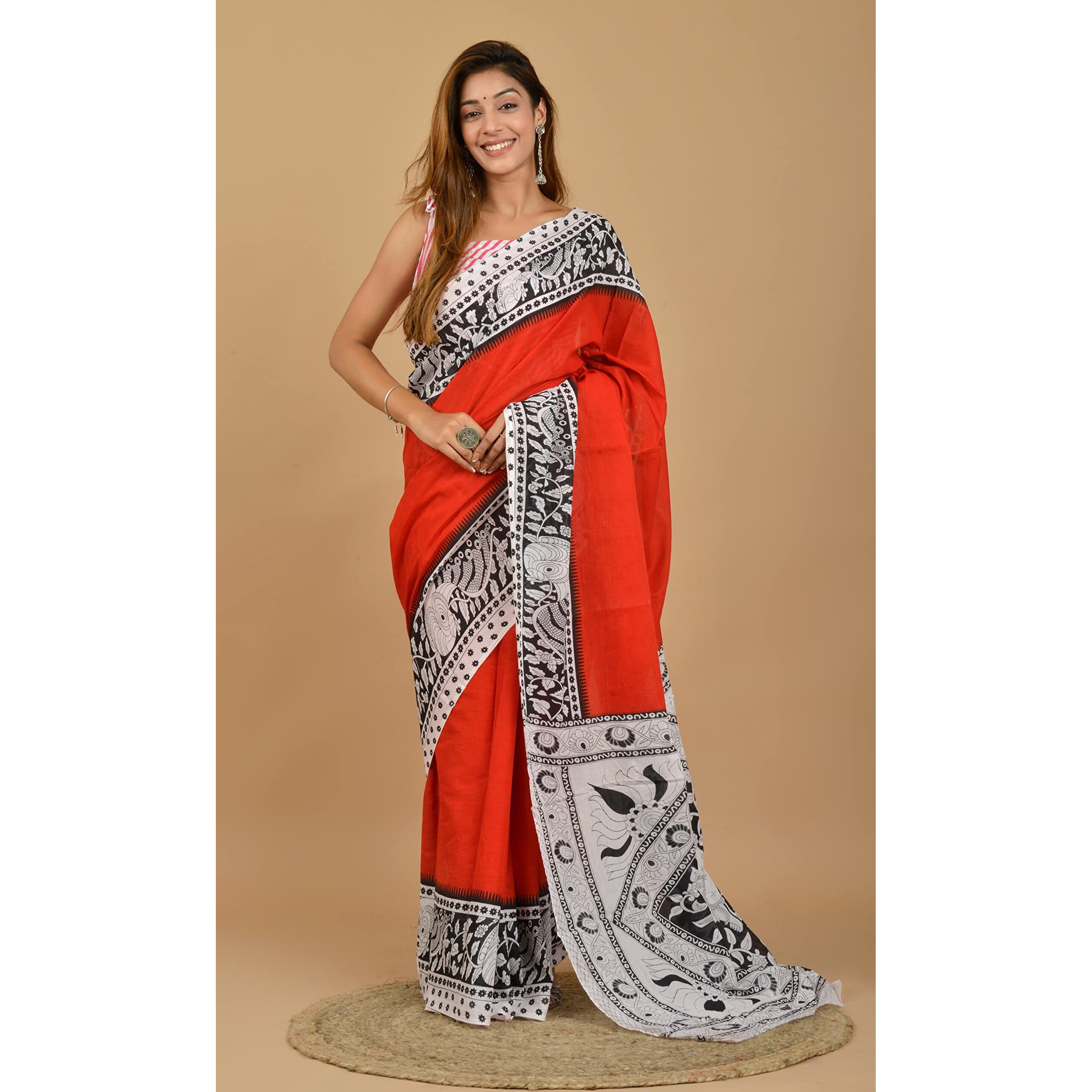 Kiaaron Handicrafts Womens Ikat Hand Block Print Jaipuri Cotton Mulmul Saree with Blouse Piece -Shiv_RedMenther_54