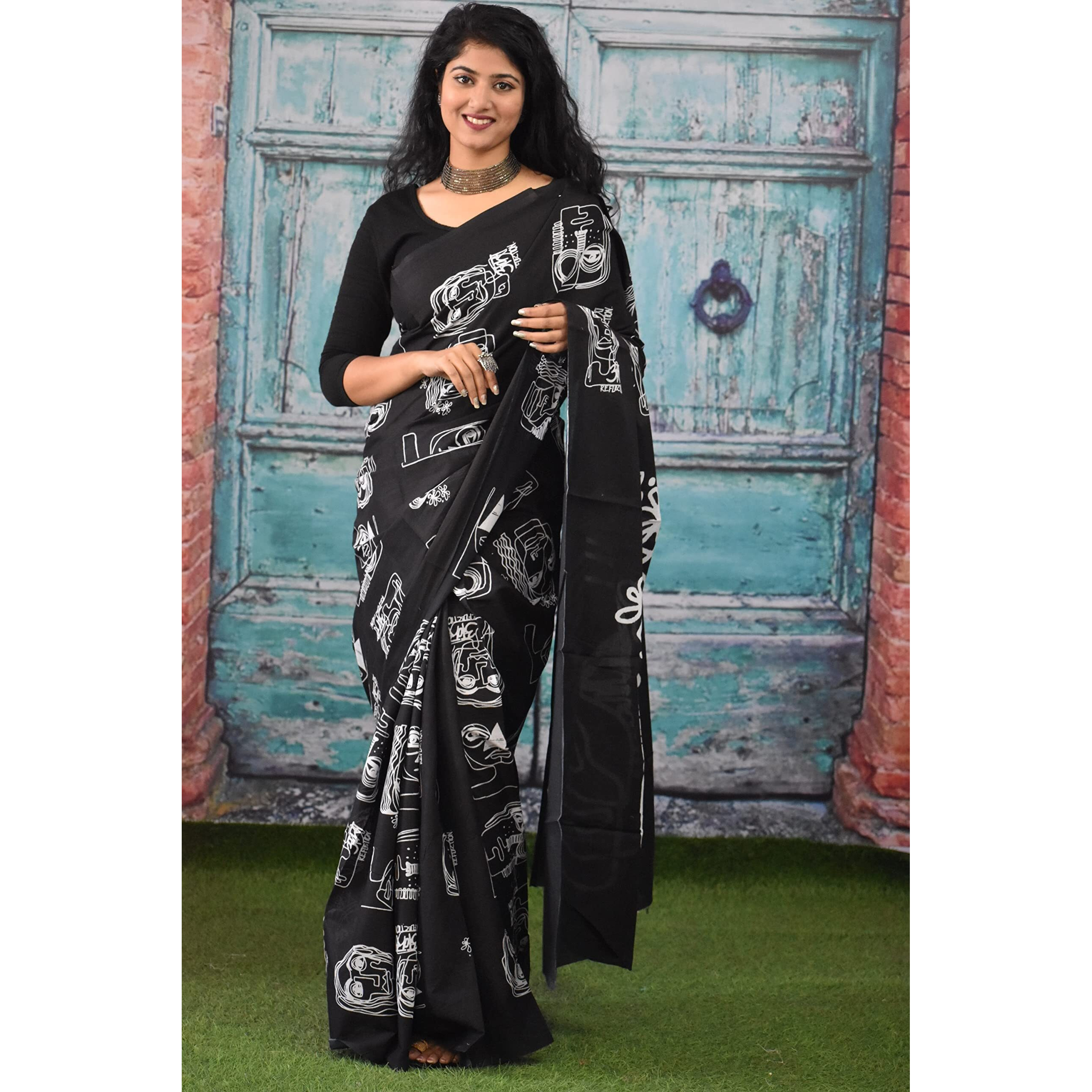 Kiaaron Womens Ikat Hand Block Print Jaipuri Cotton Mulmul Saree with Blouse Piece - Black_300