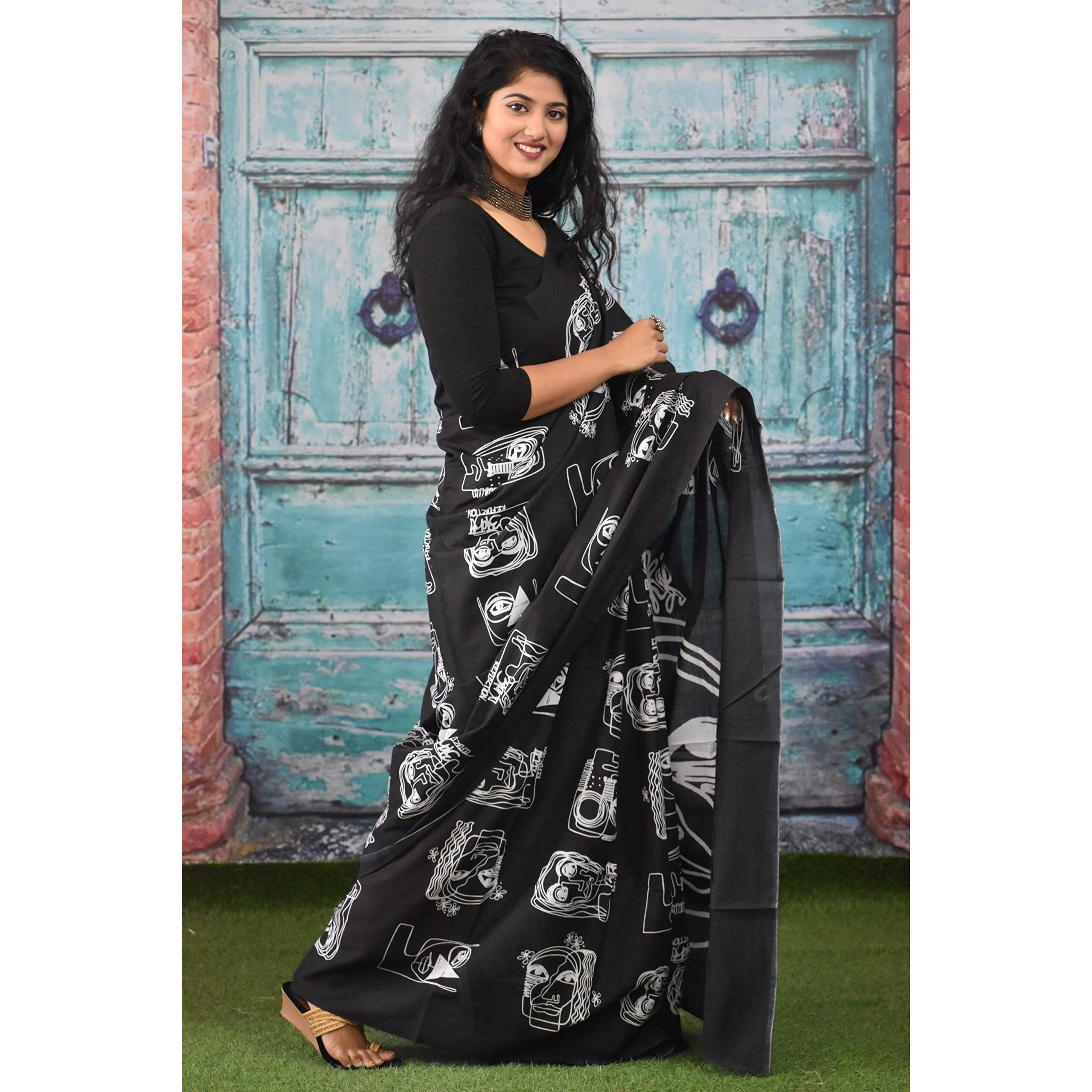 Kiaaron Womens Ikat Hand Block Print Jaipuri Cotton Mulmul Saree with Blouse Piece - Black_300