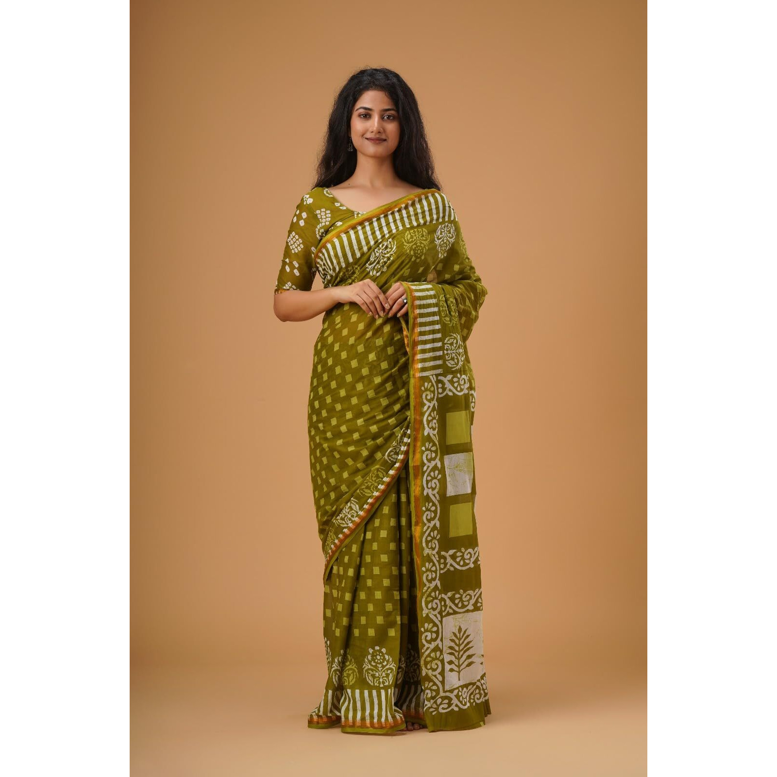 Kiaaron Handicrafts Womens Ikat Hand Block Print Jaipuri Cotton Mulmul Saree Zari Border with Blouse Piece_Mustard_2