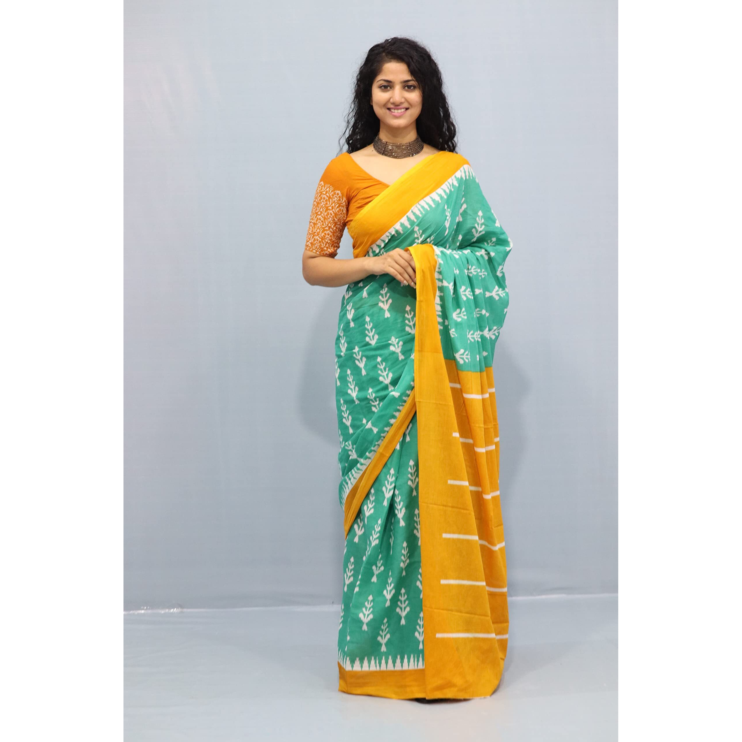 Kiaaron Womens Ikat Hand Block Print Jaipuri Cotton Mulmul Saree with Blouse Piece - Multicolor_2_SH93