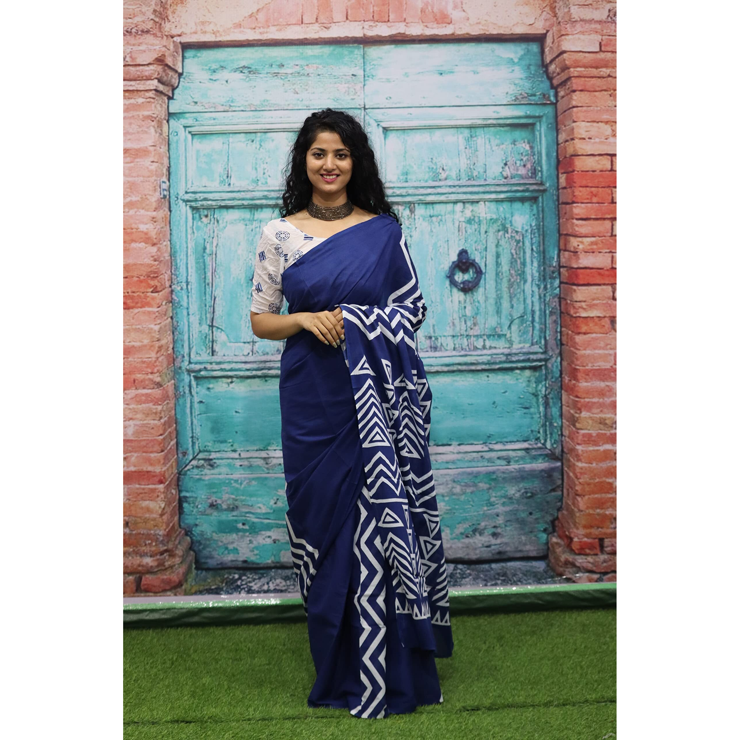Kiaaron Womens Ikat Hand Block Print Jaipuri Cotton Mulmul Saree with Blouse Piece - Blue_SH91