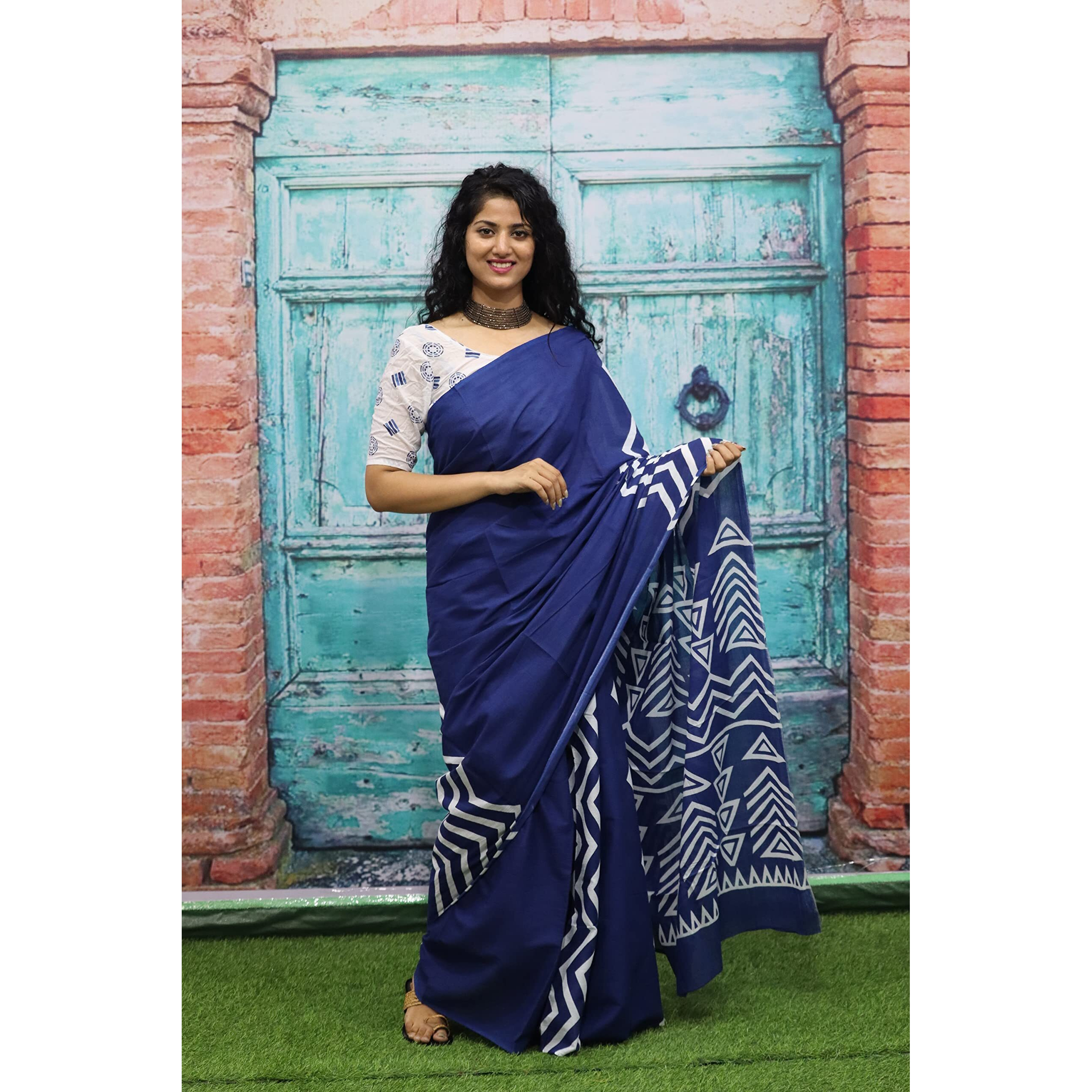 Kiaaron Womens Ikat Hand Block Print Jaipuri Cotton Mulmul Saree with Blouse Piece - Blue_SH91