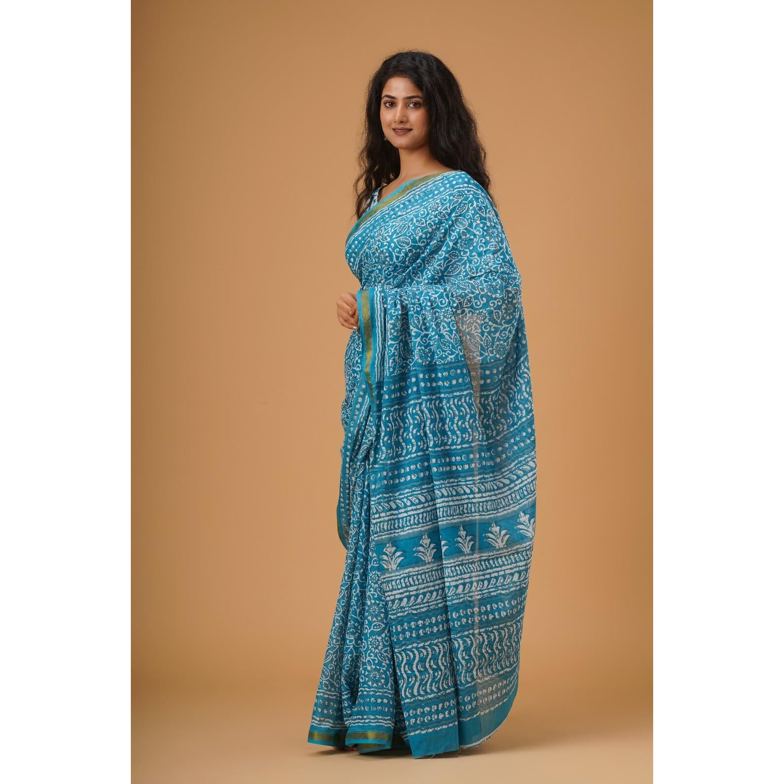 Kiaaron Handicrafts Womens Ikat Hand Block Print Jaipuri Cotton Mulmul Saree Zari Border with Blouse Piece_Turquiose_5