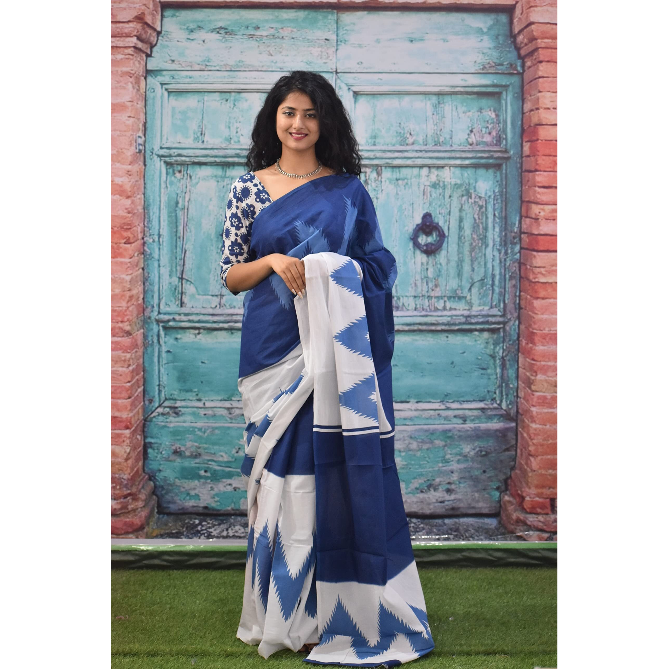 Kiaaron Womens Ikat Hand Block Print Jaipuri Cotton Mulmul Saree with Blouse Piece -Blue_365