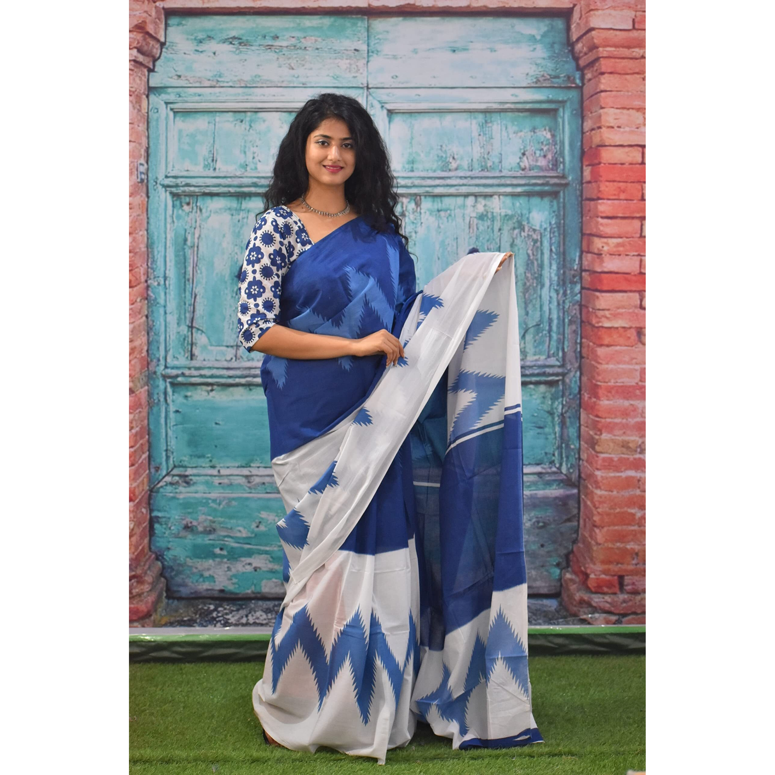 Kiaaron Womens Ikat Hand Block Print Jaipuri Cotton Mulmul Saree with Blouse Piece -Blue_365