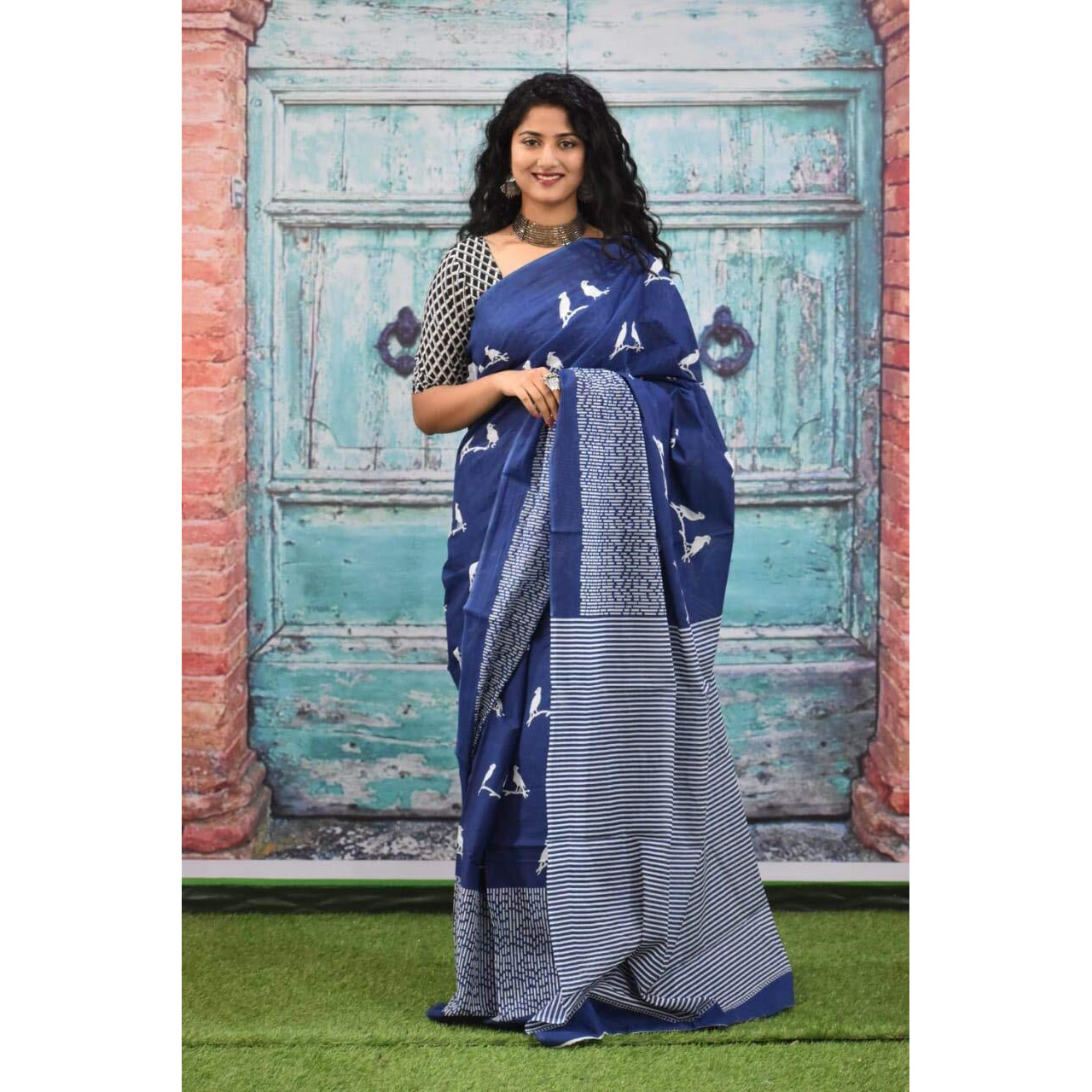 Kiaaron Womens Ikat Hand Block Print Jaipuri Cotton Mulmul Saree with Blouse Piece -Blue_Kia499