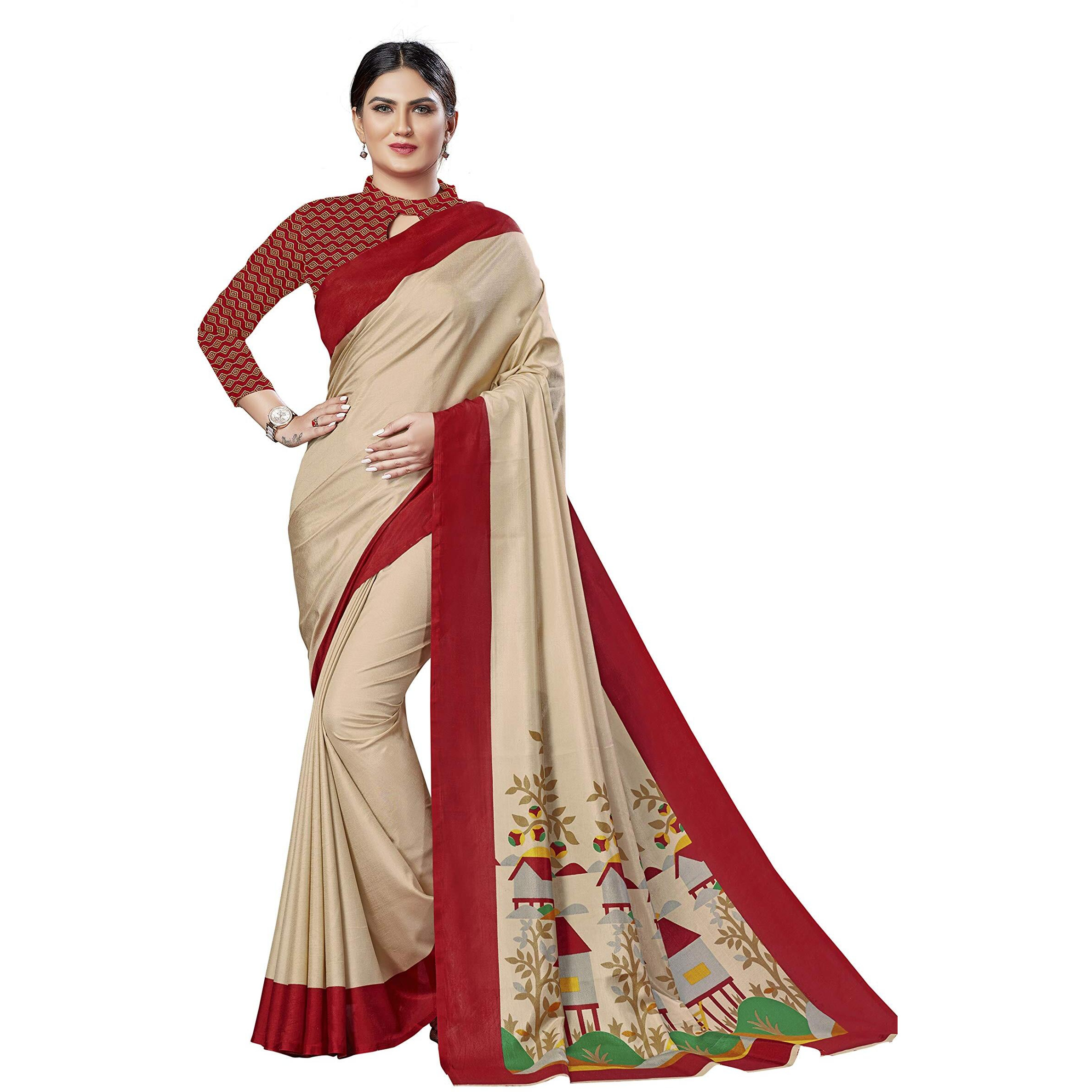 Vimla Womens Beige Malgudi Art Silk Uniform Saree with Blouse Piece (2443_Beige)