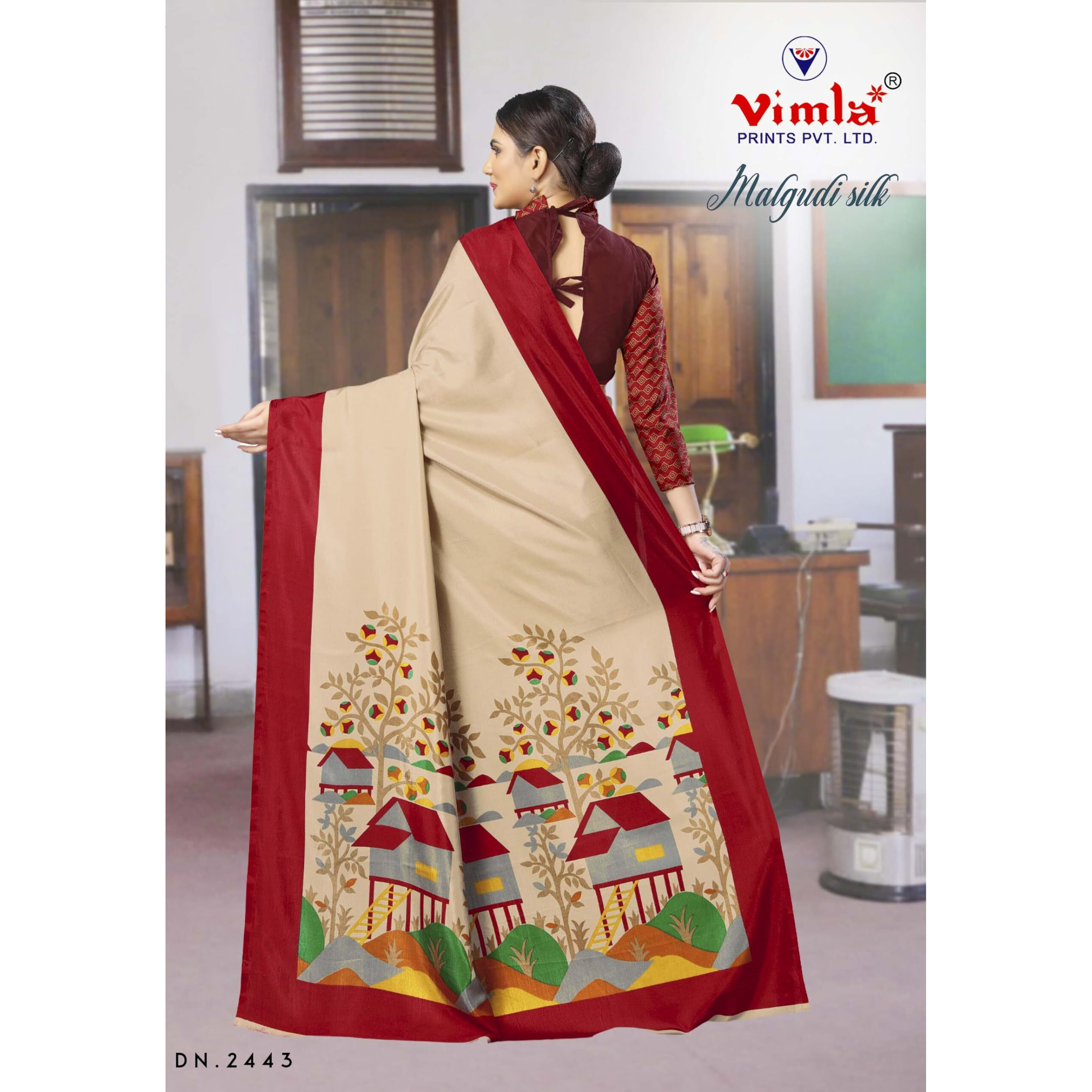 Vimla Womens Beige Malgudi Art Silk Uniform Saree with Blouse Piece (2443_Beige)