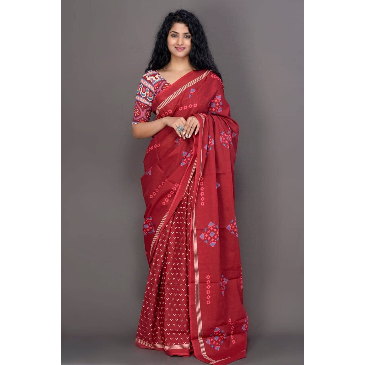Kiaaron Womens Ikat Hand Block Print Jaipuri Cotton Mulmul Saree with Blouse Piece - RED_SH94