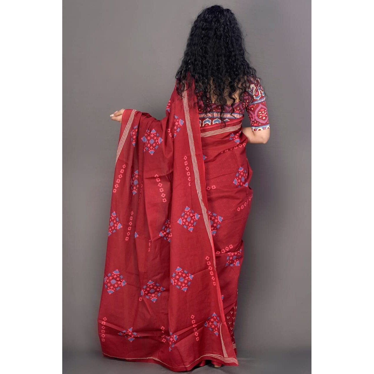 Kiaaron Womens Ikat Hand Block Print Jaipuri Cotton Mulmul Saree with Blouse Piece - RED_SH94