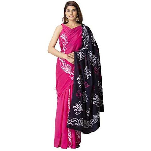 Kiaaron Handicrafts Womens Ikat Hand Block Print Jaipuri Cotton Mulmul Saree with Blouse Piece - _SH_48