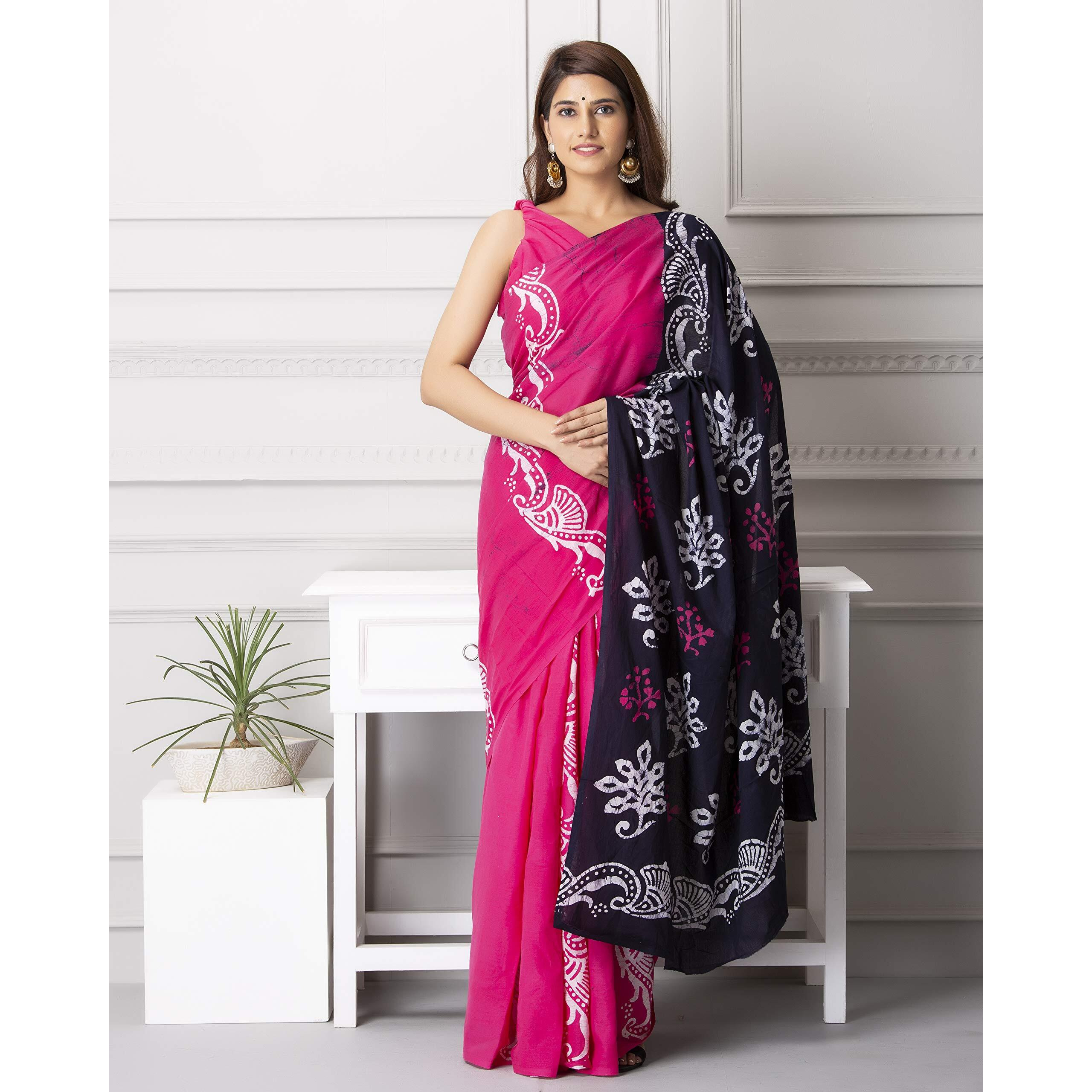 Kiaaron Handicrafts Womens Ikat Hand Block Print Jaipuri Cotton Mulmul Saree with Blouse Piece - _SH_48
