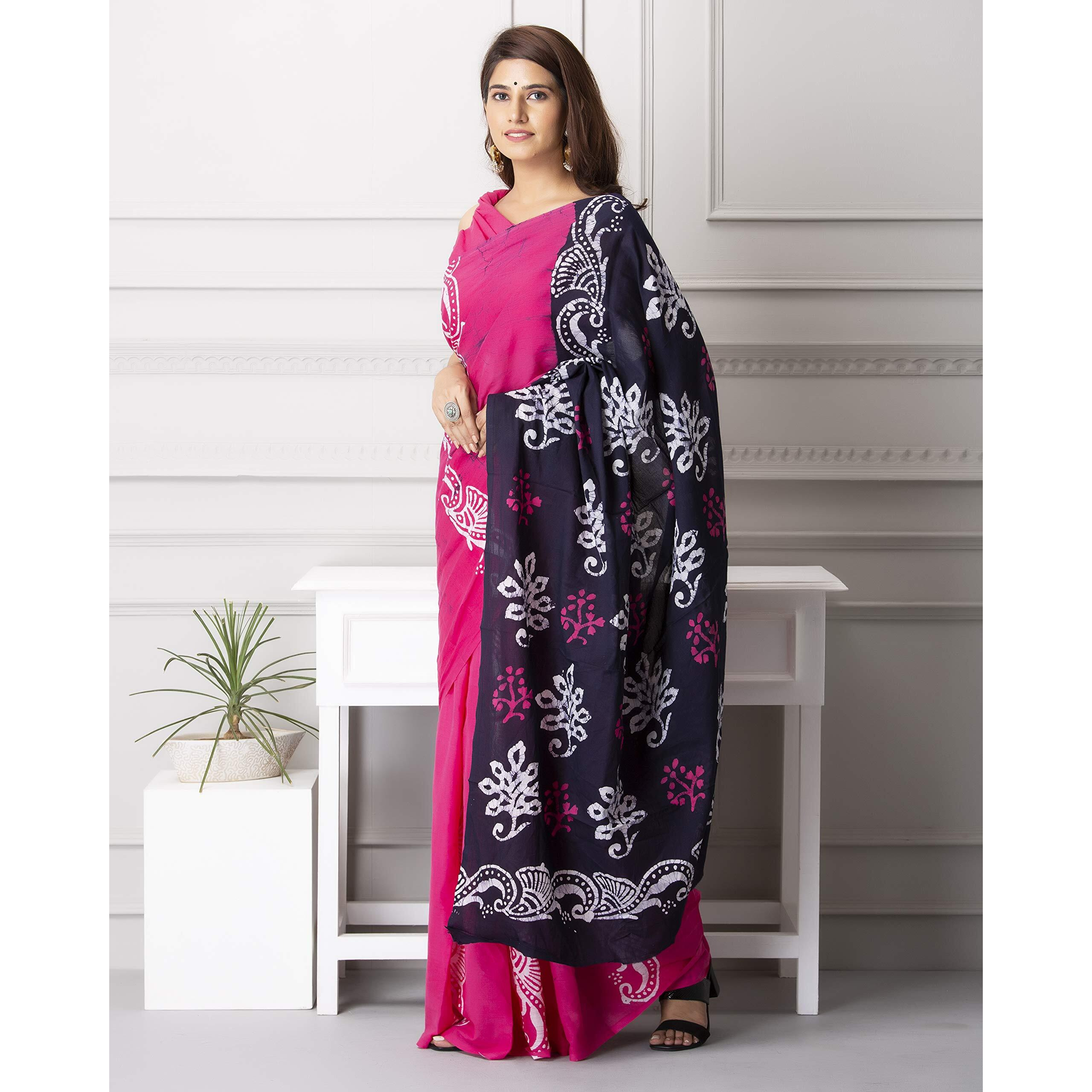 Kiaaron Handicrafts Womens Ikat Hand Block Print Jaipuri Cotton Mulmul Saree with Blouse Piece - _SH_48