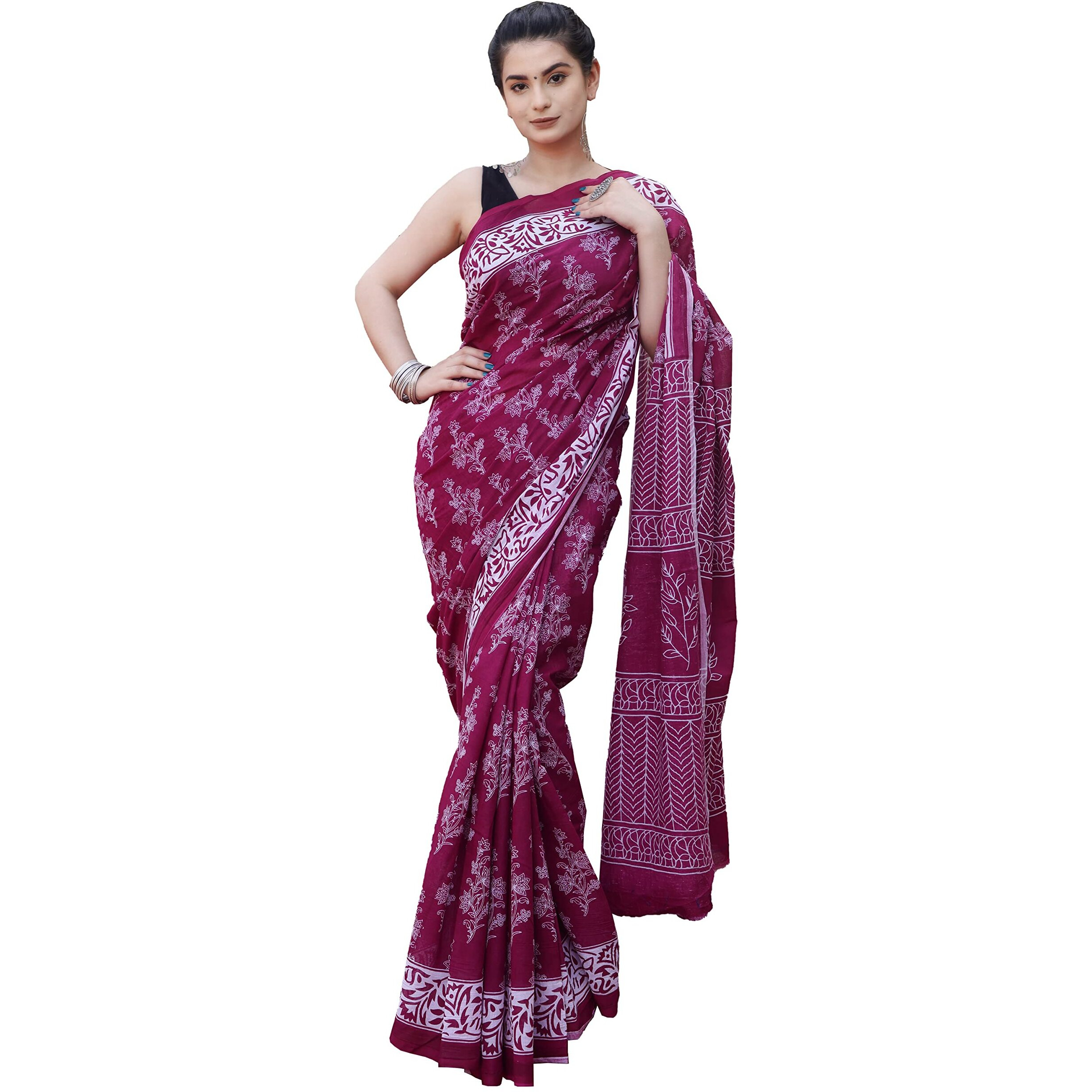 Kiaaron Handicrafts Womens Ikat Hand Block Print Jaipuri Cotton Mulmul Saree with Blouse Piece - _SH_52
