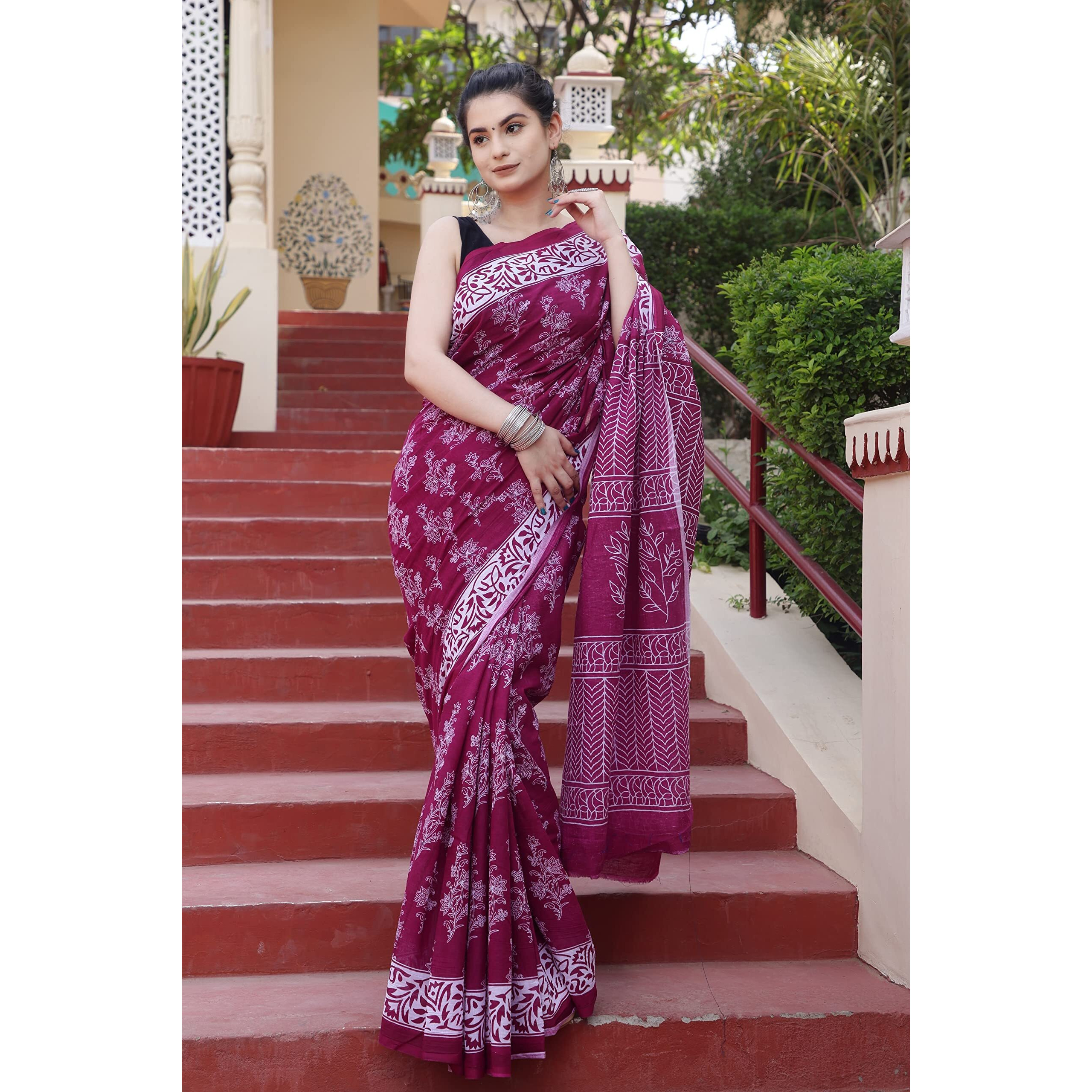 Kiaaron Handicrafts Womens Ikat Hand Block Print Jaipuri Cotton Mulmul Saree with Blouse Piece - _SH_52