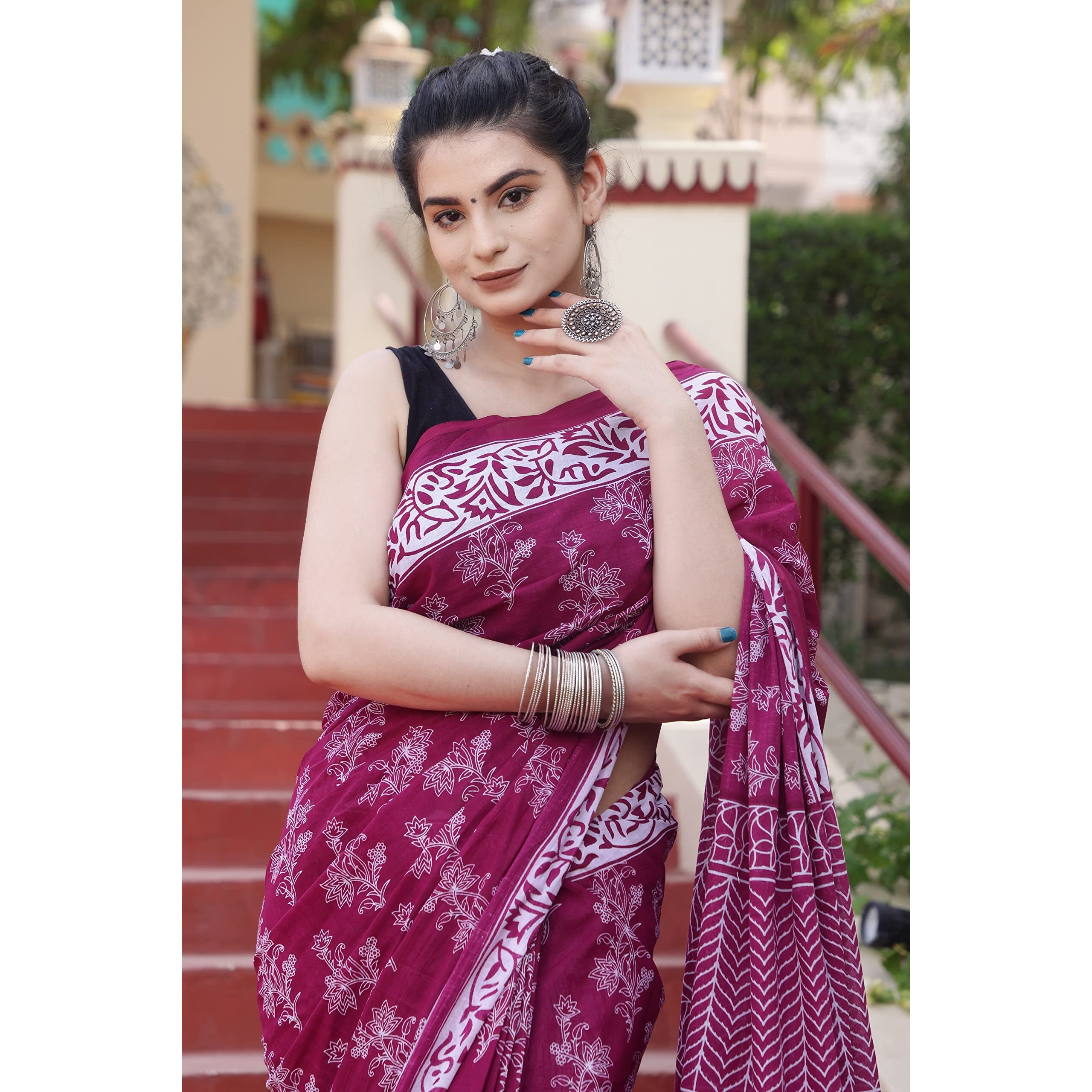 Kiaaron Handicrafts Womens Ikat Hand Block Print Jaipuri Cotton Mulmul Saree with Blouse Piece - _SH_52