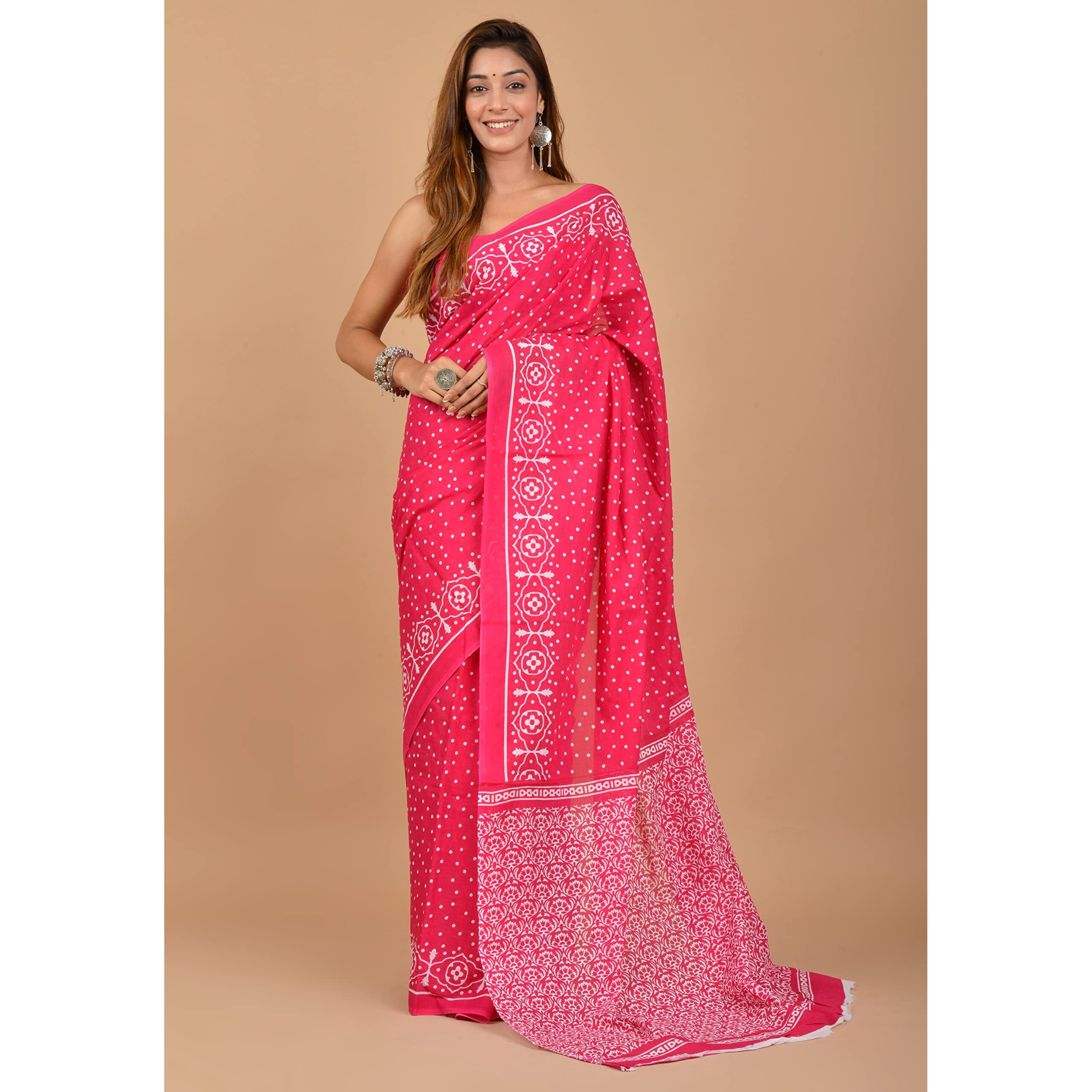 Kiaaron Handicrafts Womens Ikat Hand Block Print Jaipuri Cotton Mulmul Saree with Blouse Piece - _SH_53