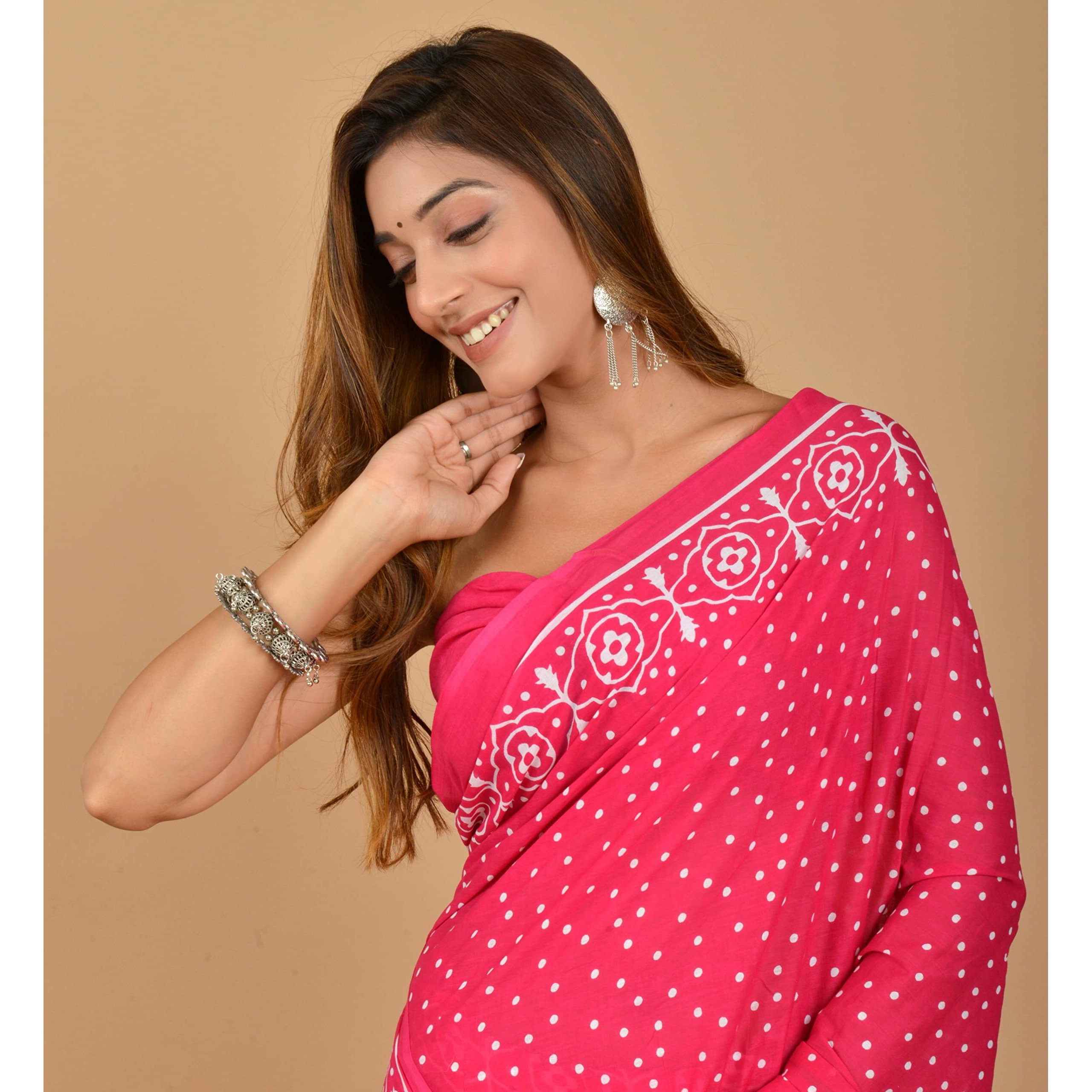 Kiaaron Handicrafts Womens Ikat Hand Block Print Jaipuri Cotton Mulmul Saree with Blouse Piece - _SH_53