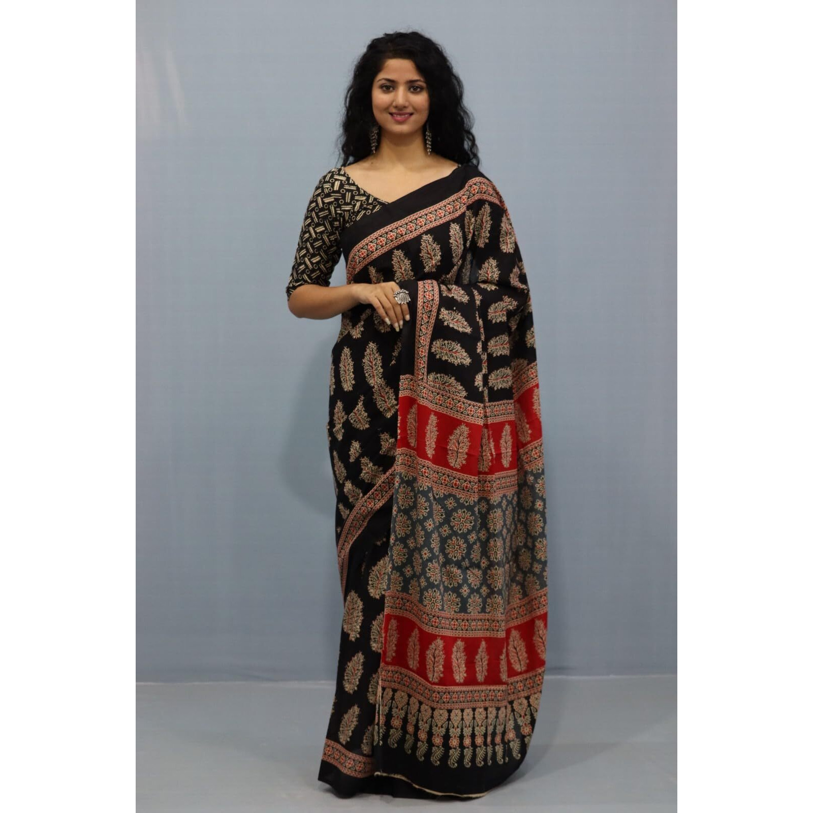 Kiaaron Handicrafts Womens Ikat Hand Block Print Jaipuri Cotton Mulmul Saree with Blouse Piece - _1