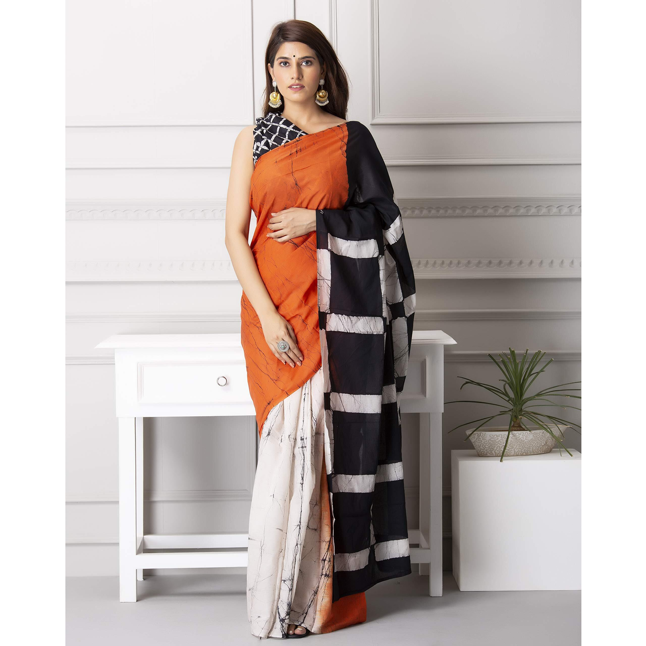 Kiaaron Handicrafts Womens Ikat Hand Block Print Jaipuri Cotton Mulmul Saree With Blouse Piece - _Sh_44, Pink