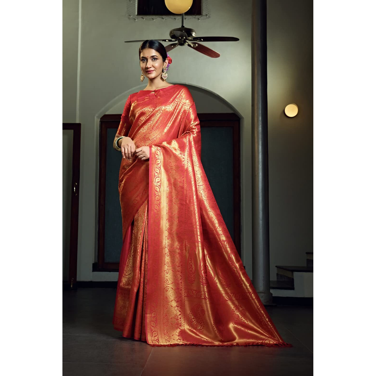 Vardha Womens Kanchipuram Art Silk Saree with Unstitched Blouse Piece - Zari Woven Work Sarees for Wedding (Kasuba Silk, 471, Red)
