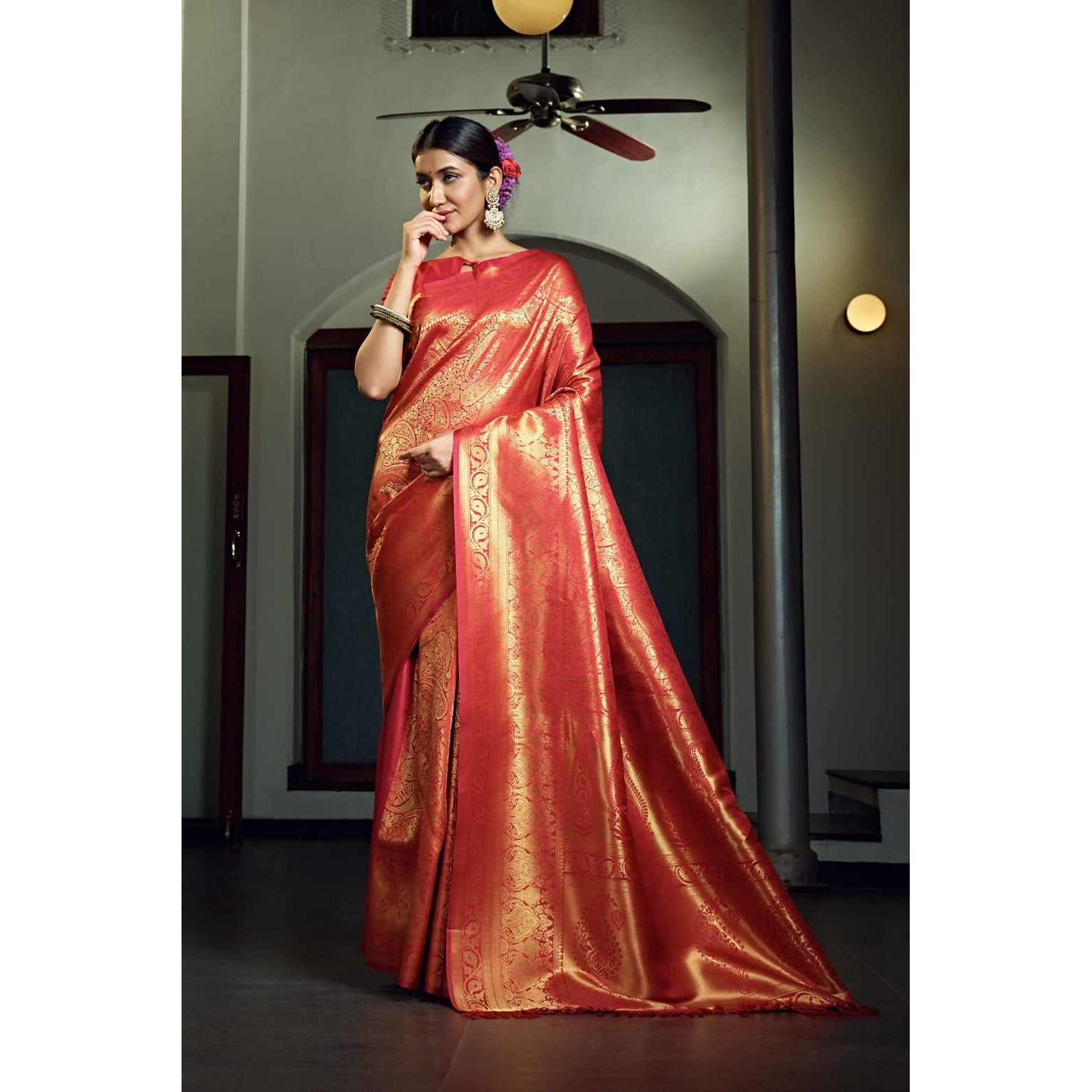 Vardha Womens Kanchipuram Art Silk Saree with Unstitched Blouse Piece - Zari Woven Work Sarees for Wedding (Kasuba Silk, 471, Red)