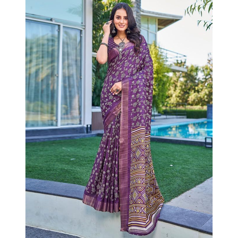 SIRIL Womens Silk Floral Printed Zari Border Saree With Unstitched Blouse Piece (3645S1361_Violet)