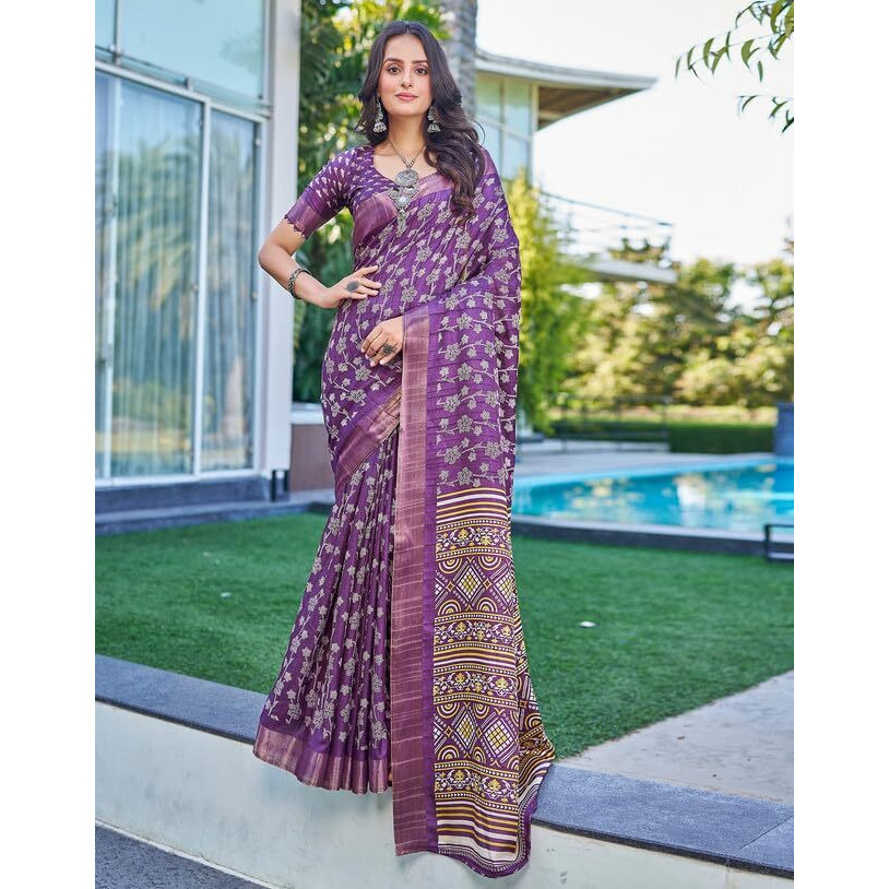 SIRIL Womens Silk Floral Printed Zari Border Saree With Unstitched Blouse Piece (3645S1361_Violet)