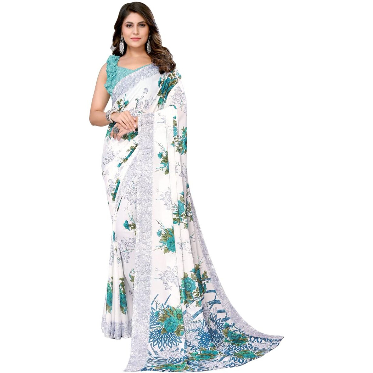 Yashika Womens Trendy Printed Georgette Sky Blue Color Saree with Blouse Material(NUTAN SKY BLUE)