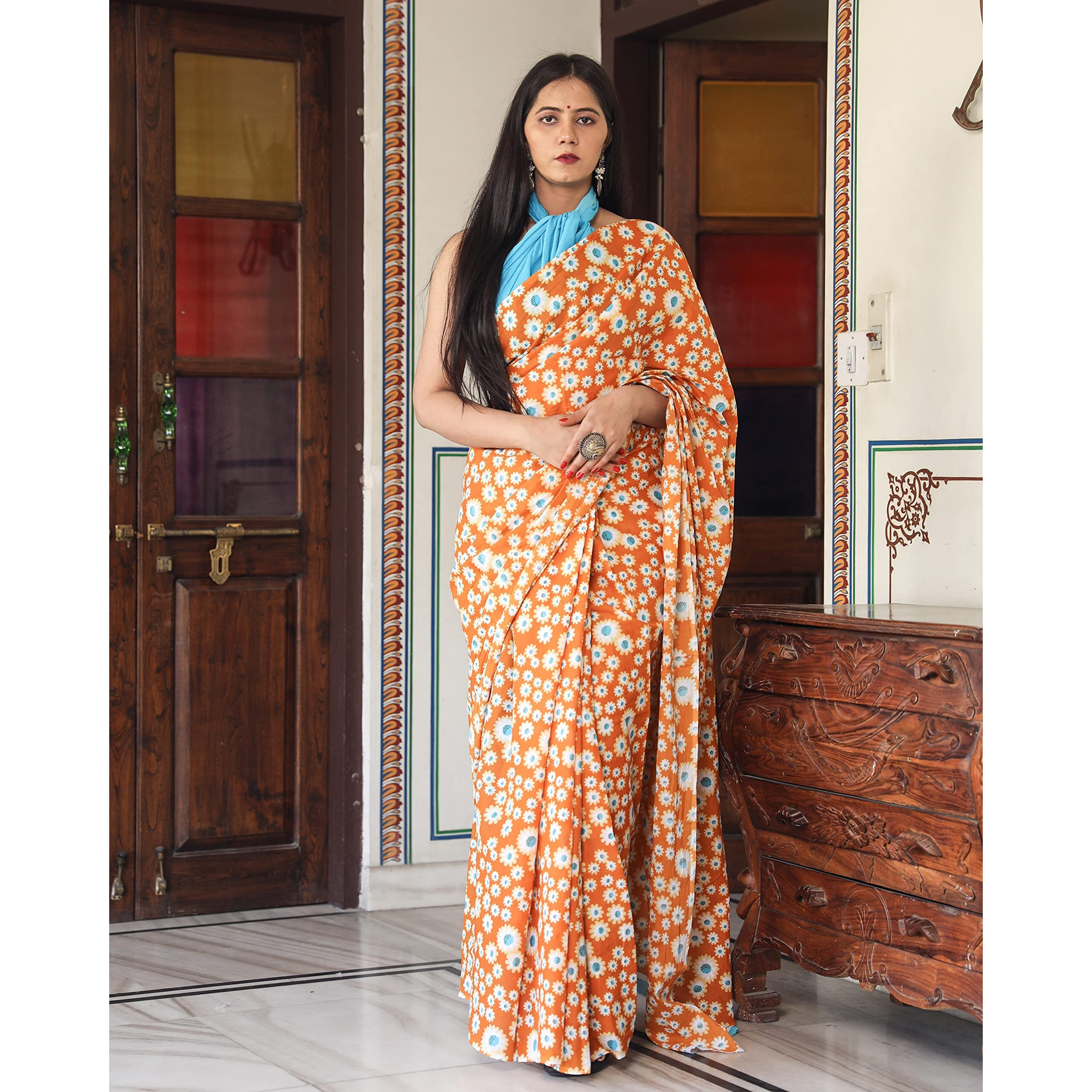 Kiaaron Womens Hand Block Kalamkari Batik Bagru Jaipuri Ikat Printed Handloom Pure Cotton Mulmul Traditional Ethnic Cotton Sarees With Printed Blouse Piece - Orange