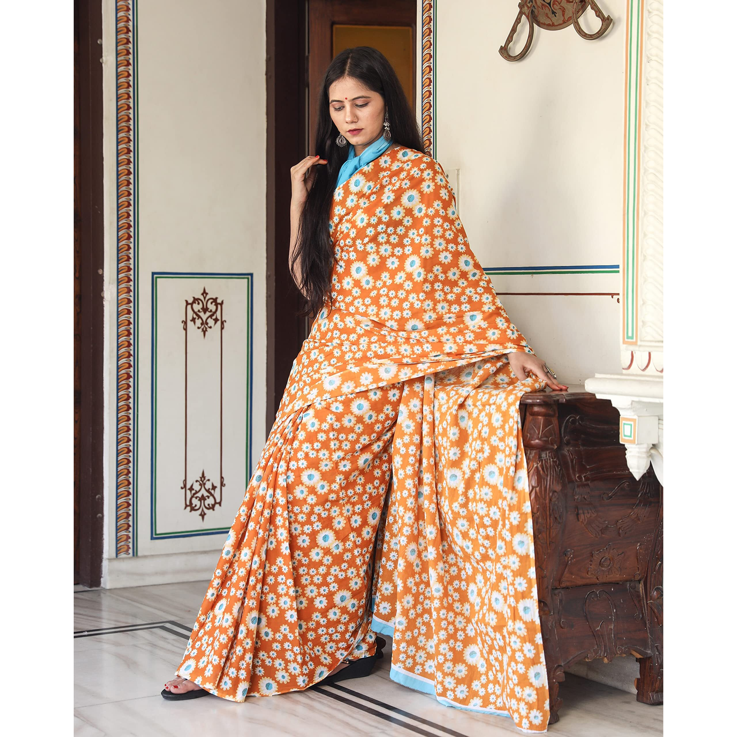 Kiaaron Womens Hand Block Kalamkari Batik Bagru Jaipuri Ikat Printed Handloom Pure Cotton Mulmul Traditional Ethnic Cotton Sarees With Printed Blouse Piece - Orange