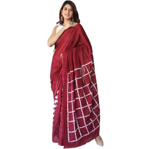 Kiaaron Womens Hand Block Kalamkari Batik Bagru Jaipuri Ikat Printed Handloom Pure Cotton Mulmul Traditional Ethnic Cotton Sarees With Printed Blouse Piece - Maroon