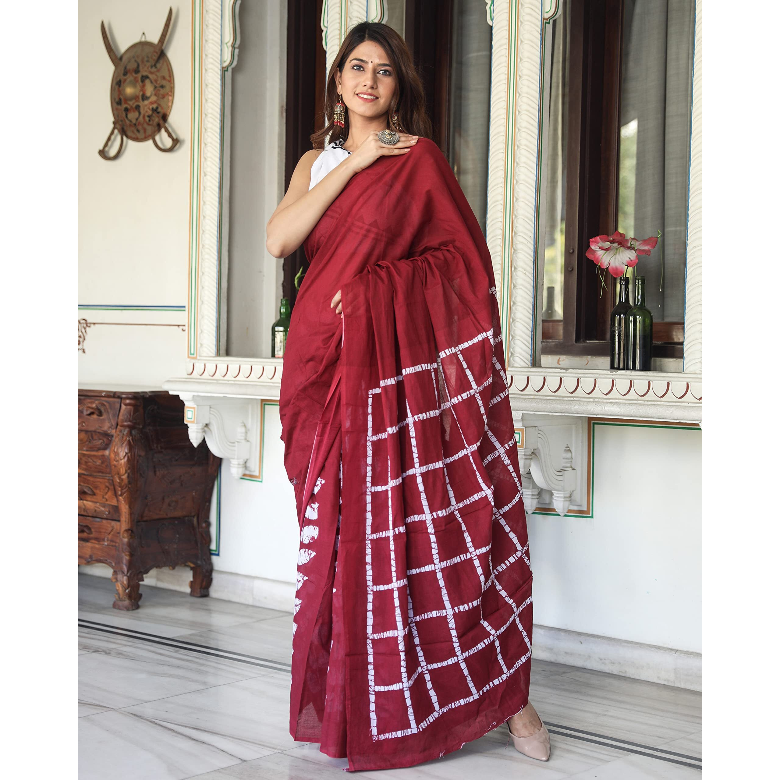 Kiaaron Womens Hand Block Kalamkari Batik Bagru Jaipuri Ikat Printed Handloom Pure Cotton Mulmul Traditional Ethnic Cotton Sarees With Printed Blouse Piece - Maroon