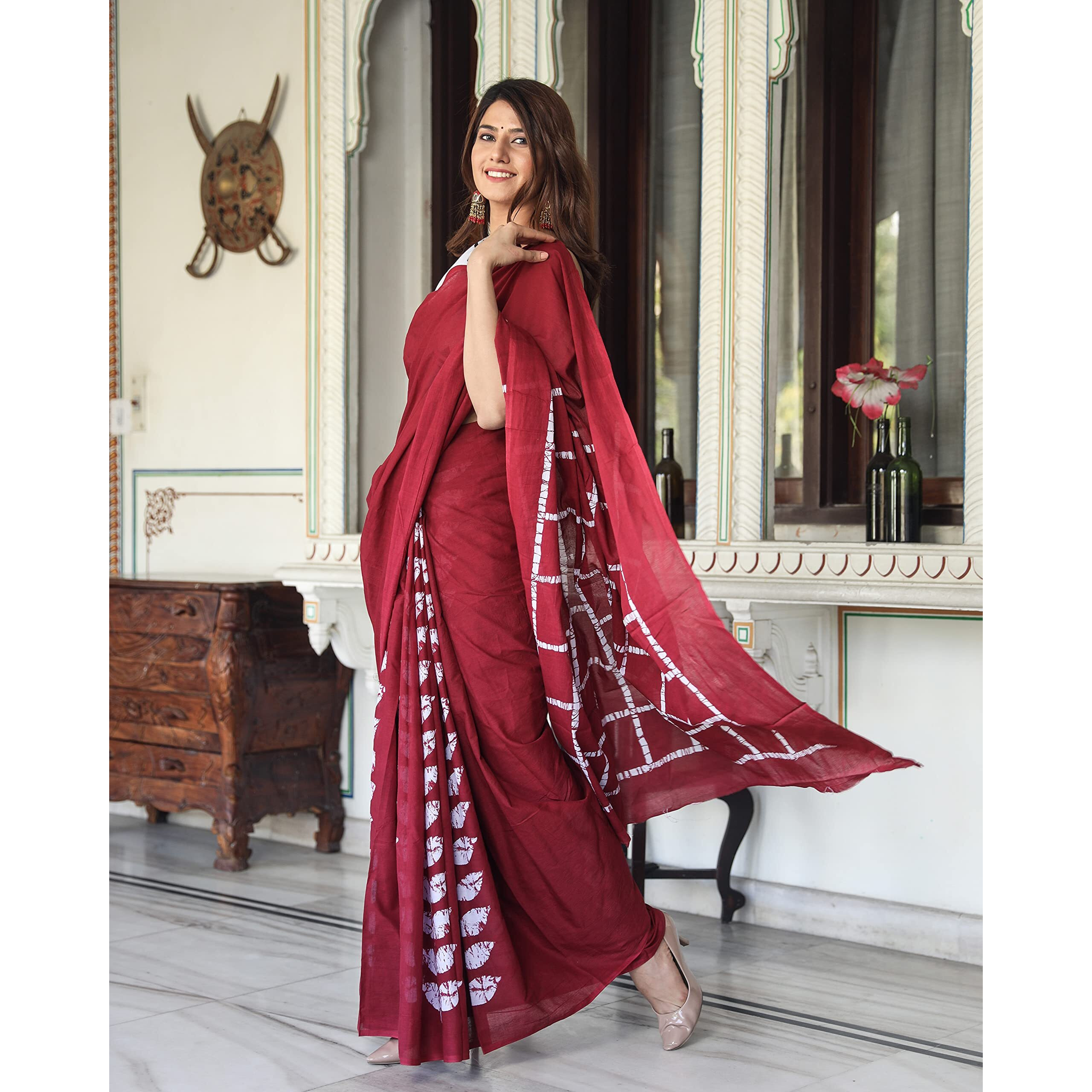 Kiaaron Womens Hand Block Kalamkari Batik Bagru Jaipuri Ikat Printed Handloom Pure Cotton Mulmul Traditional Ethnic Cotton Sarees With Printed Blouse Piece - Maroon